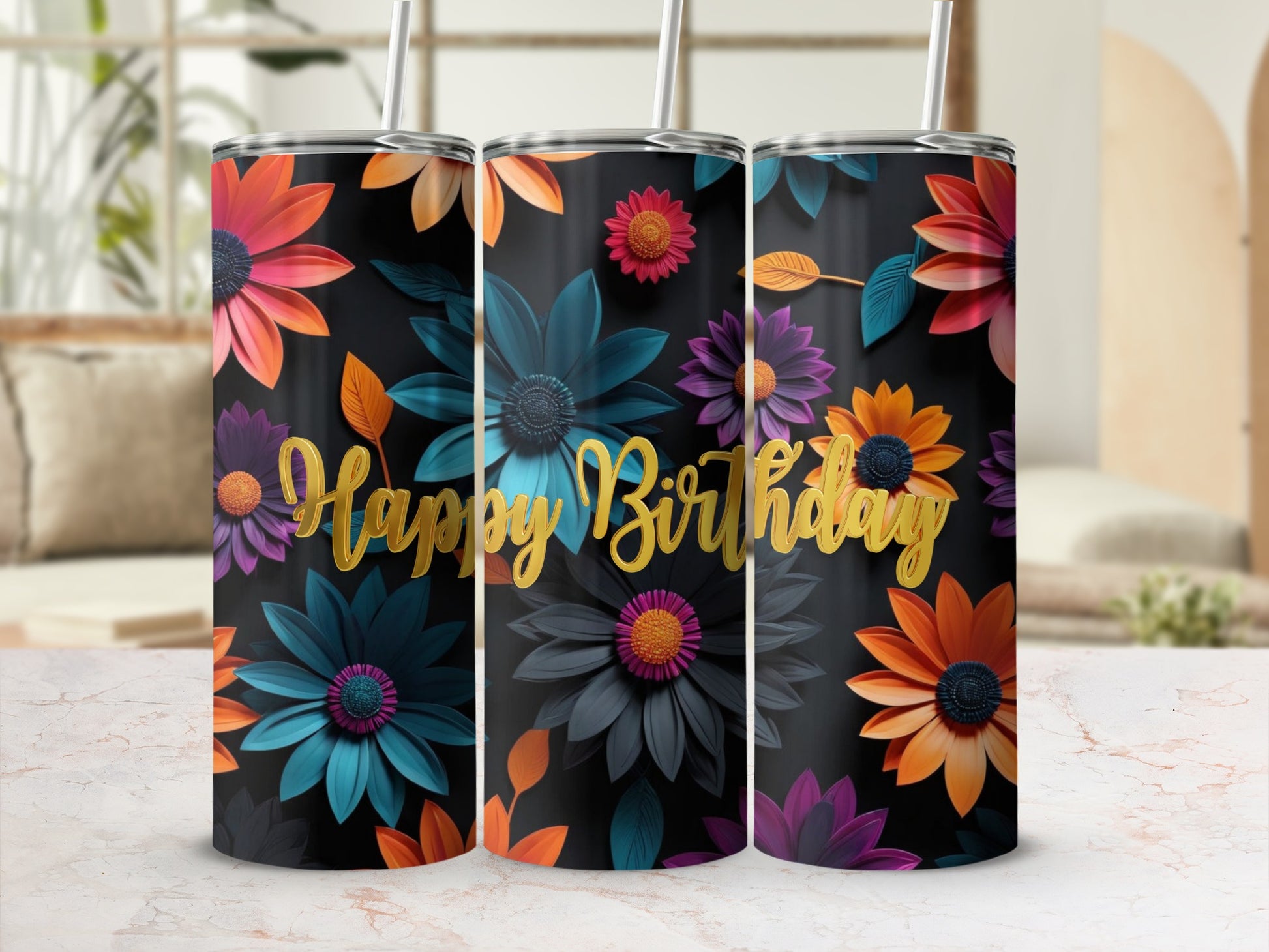 Tall tumbler with colorful floral pattern and "Happy Birthday" text.