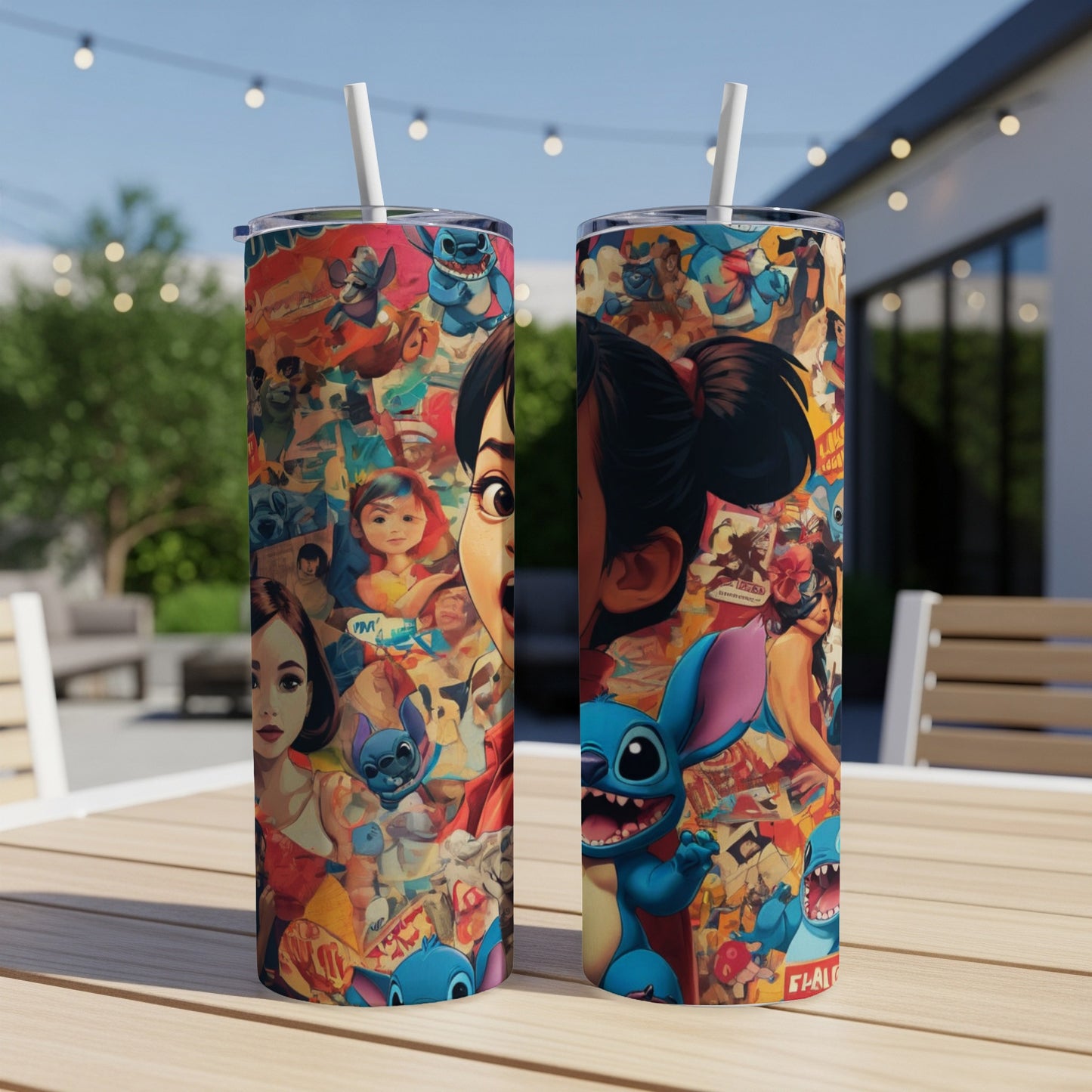 Two tumblers with a collage of Disney characters and comic book style art.