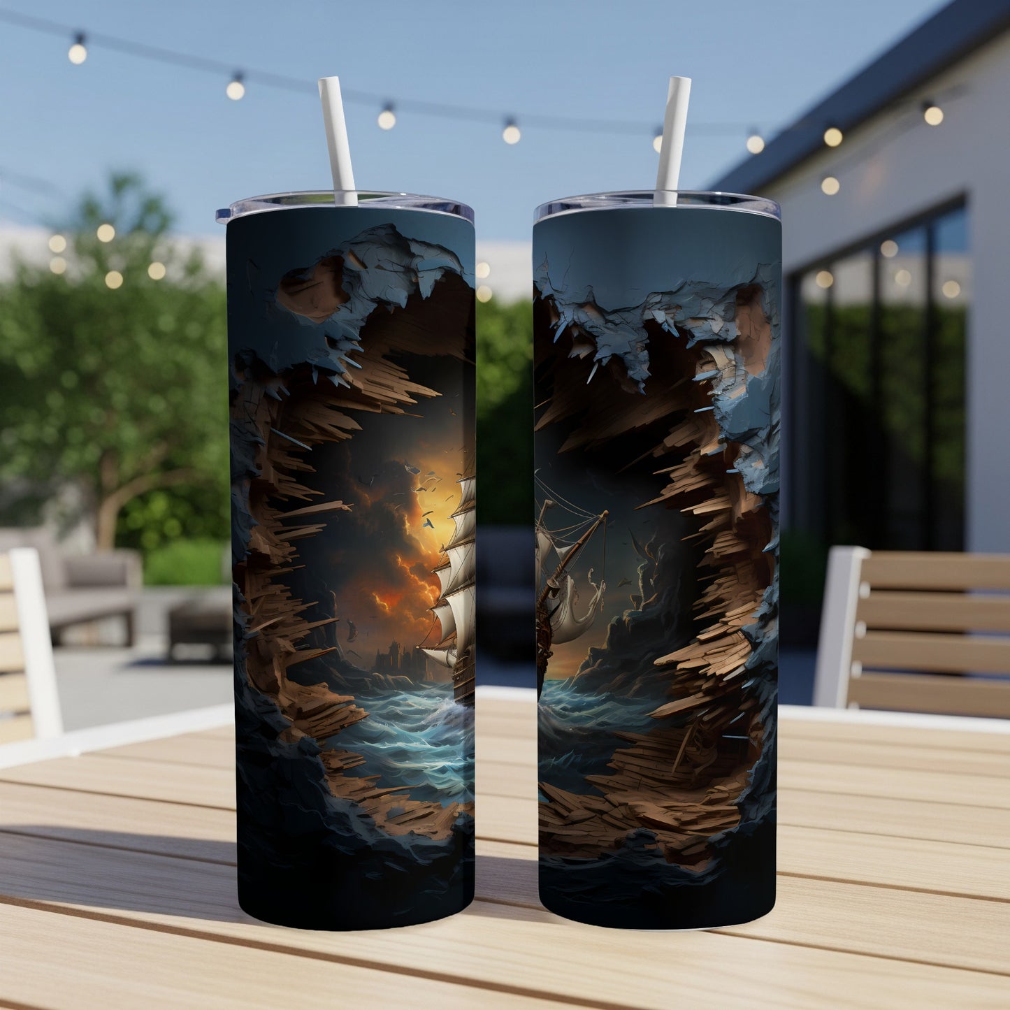 Two tumblers with a pirate ship on a stormy sea visible through a ripped opening.