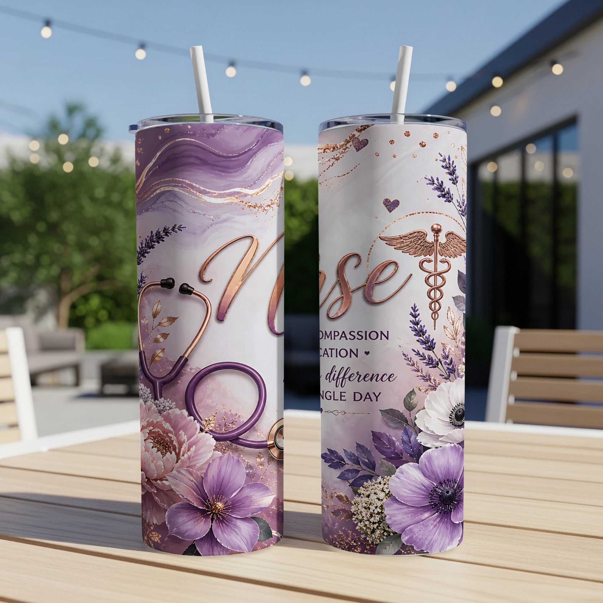 Purple floral nurse tumbler with stethoscope and caduceus.