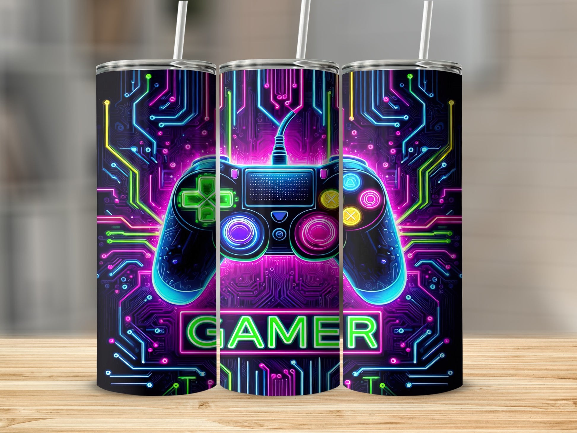 Gamer tumbler with neon circuit board pattern and video game controller.