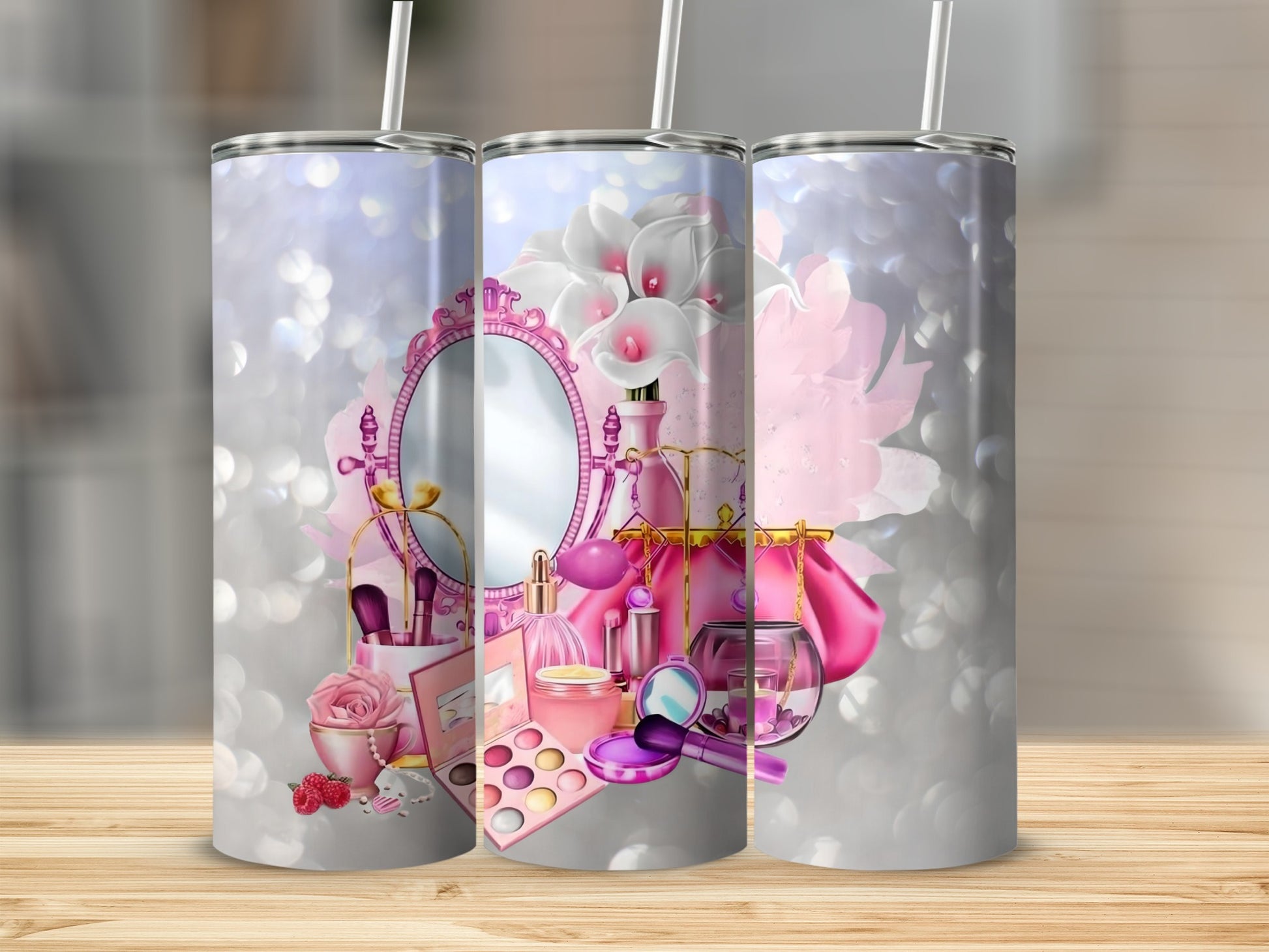 Elegant Vanity Mirror and Makeup Accessories Tumbler