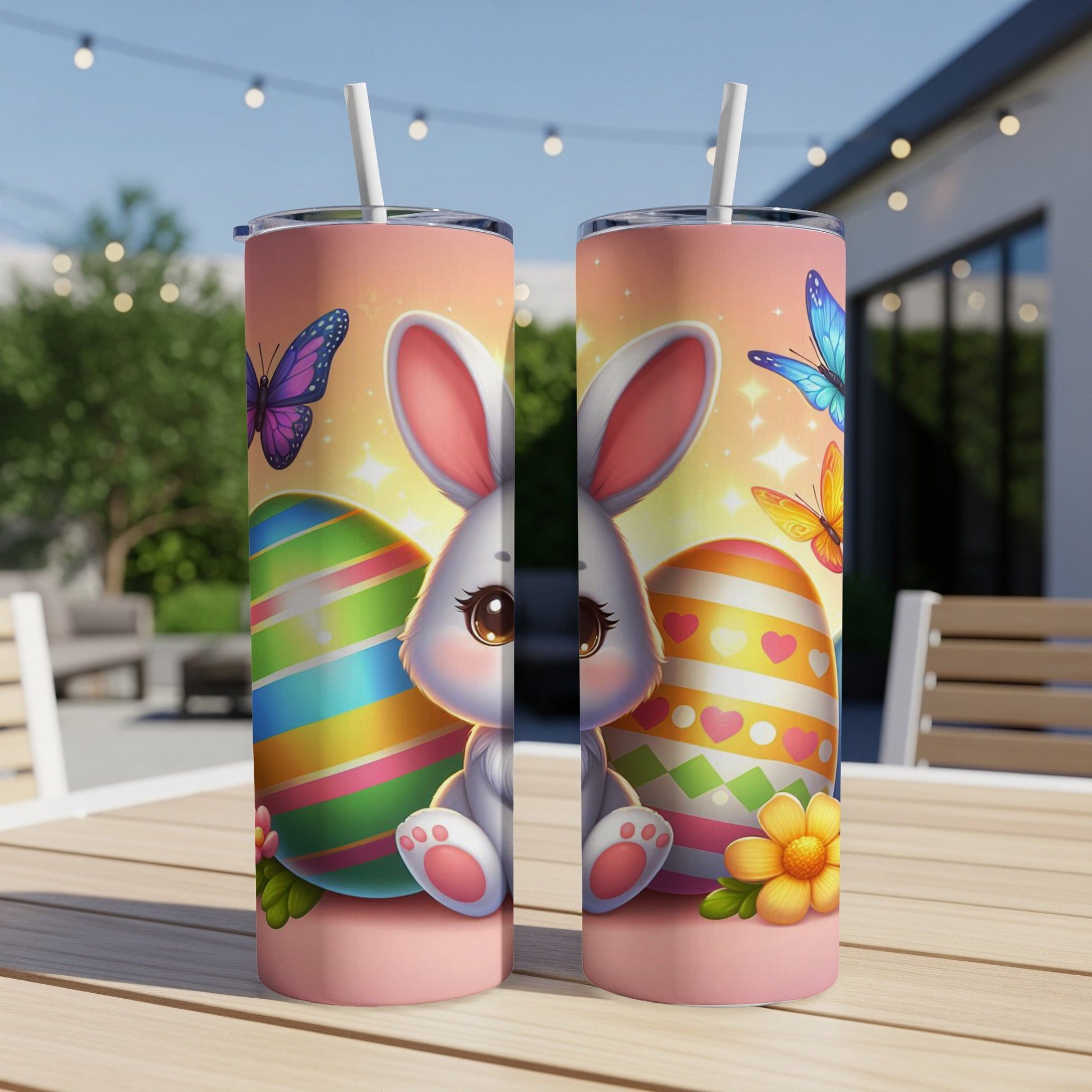 Easter bunny and colorful eggs on a tumbler with a floral background.