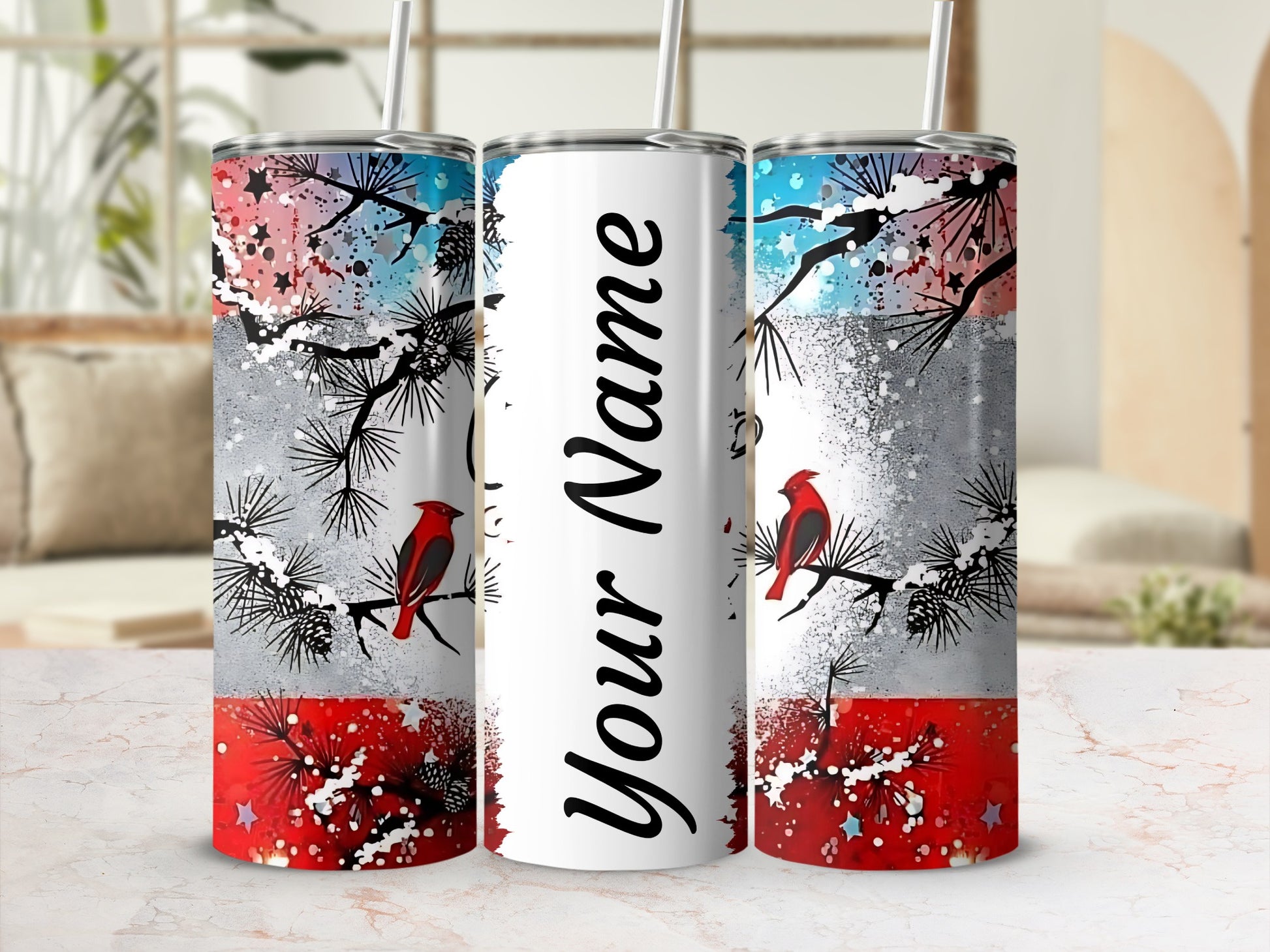 Personalized Cardinal and Pine Tree Design Tumbler
