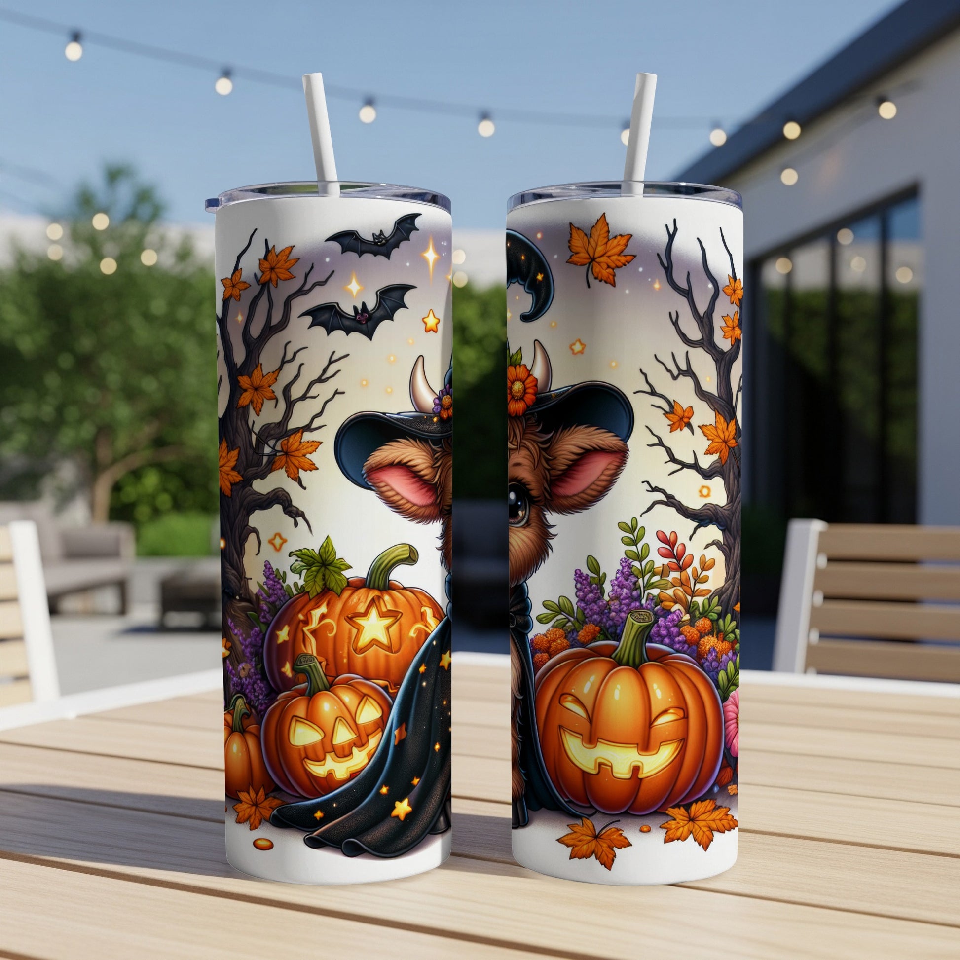 Two Halloween-themed tumblers with pumpkins, bats, and a cow character.