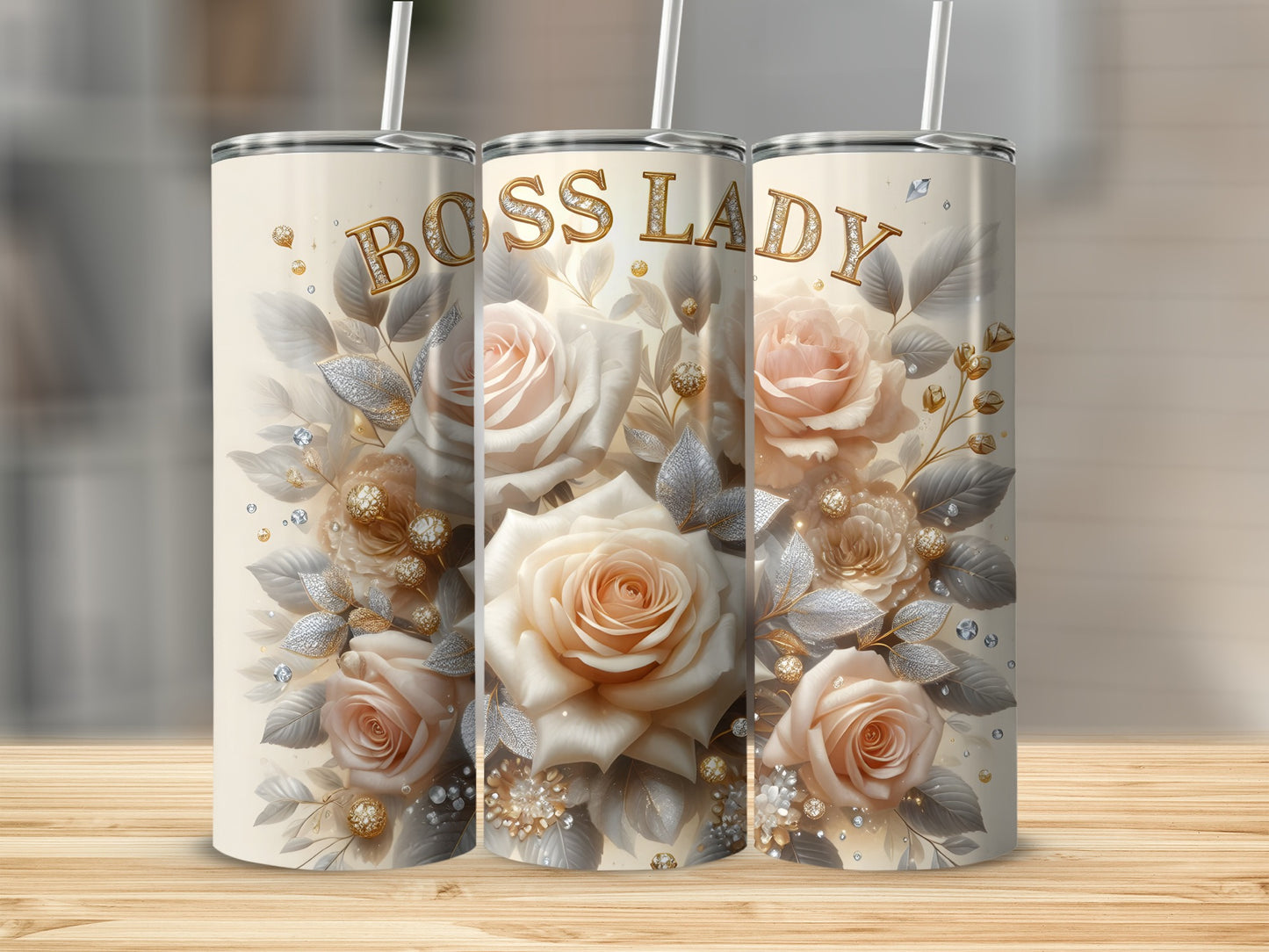 Boss Lady Floral Design Skinny Tumbler with Straw