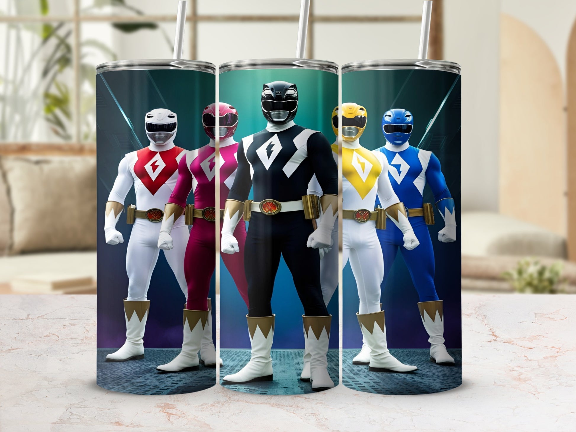 Five Power Rangers standing in a row, each in a different colored suit.