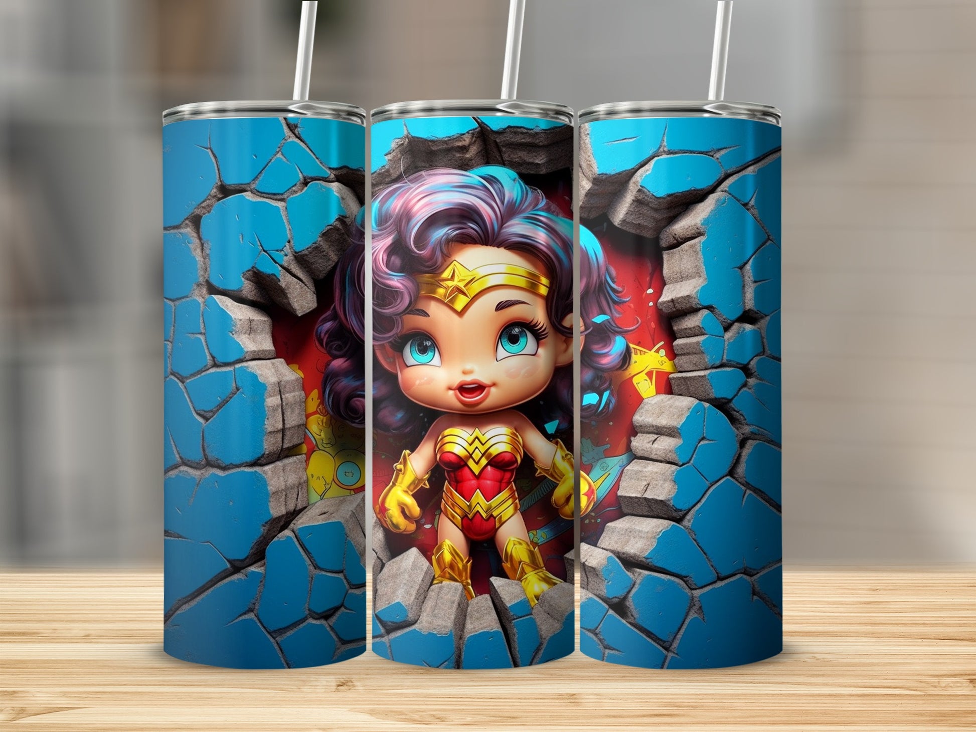 Adorable Superhero Breaking Through Display Tumblers