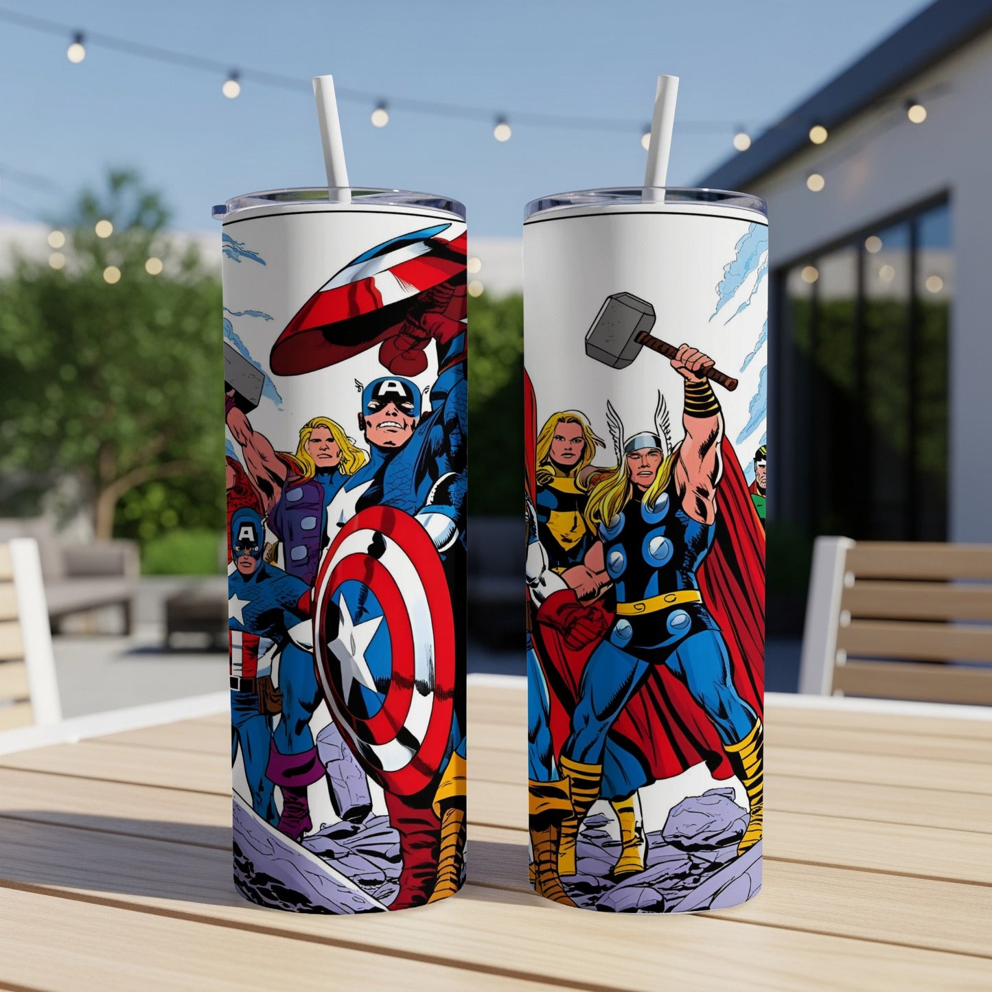 Avengers characters Captain America and Thor depicted on a white tumbler.