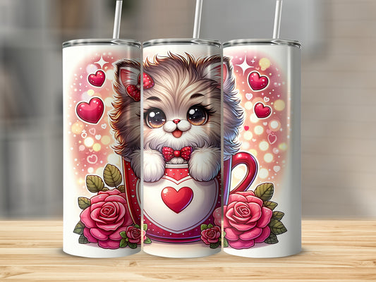 Cute cartoon cat peeking from a heart-shaped mug with roses.