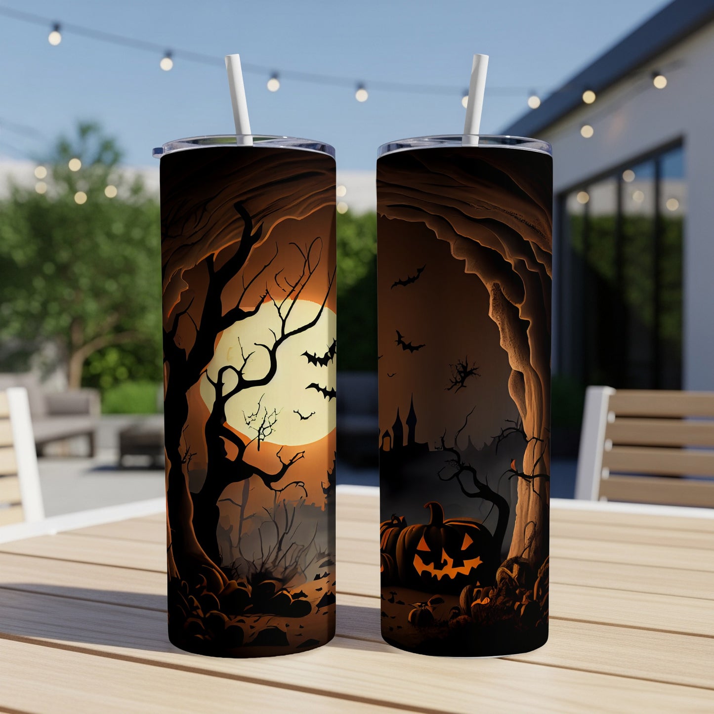 Two tumblers with Halloween scenes, featuring bats, pumpkins, and spooky trees.