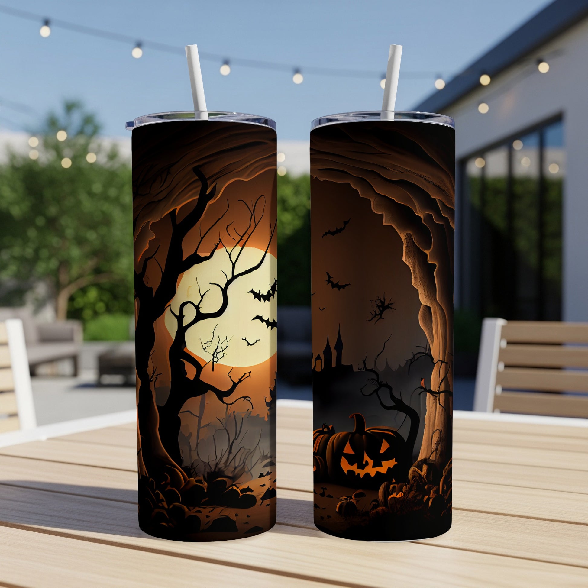 Two tumblers with Halloween scenes, featuring bats, pumpkins, and spooky trees.