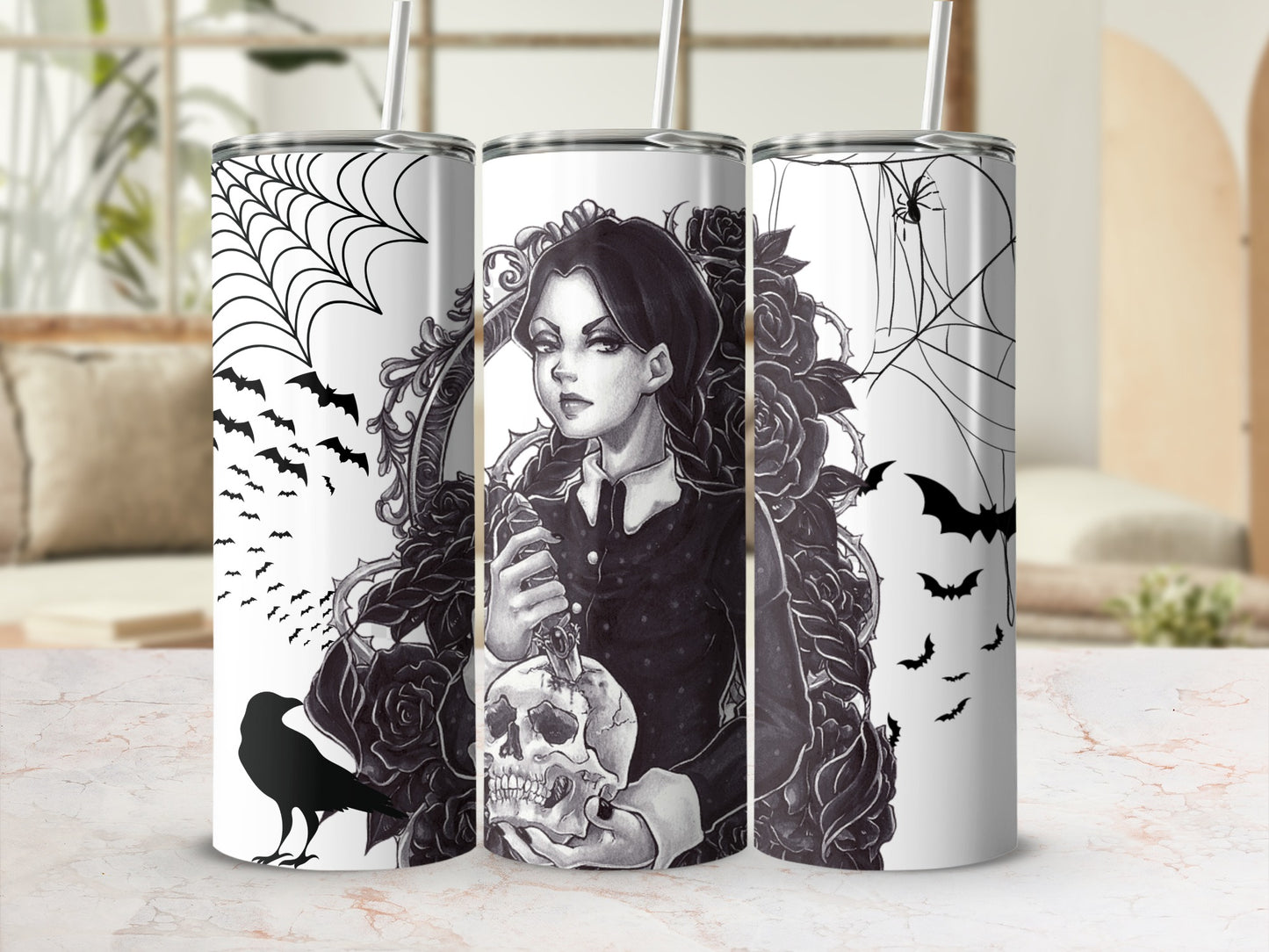 Gothic Artwork Tumbler with Skull and Bat Design