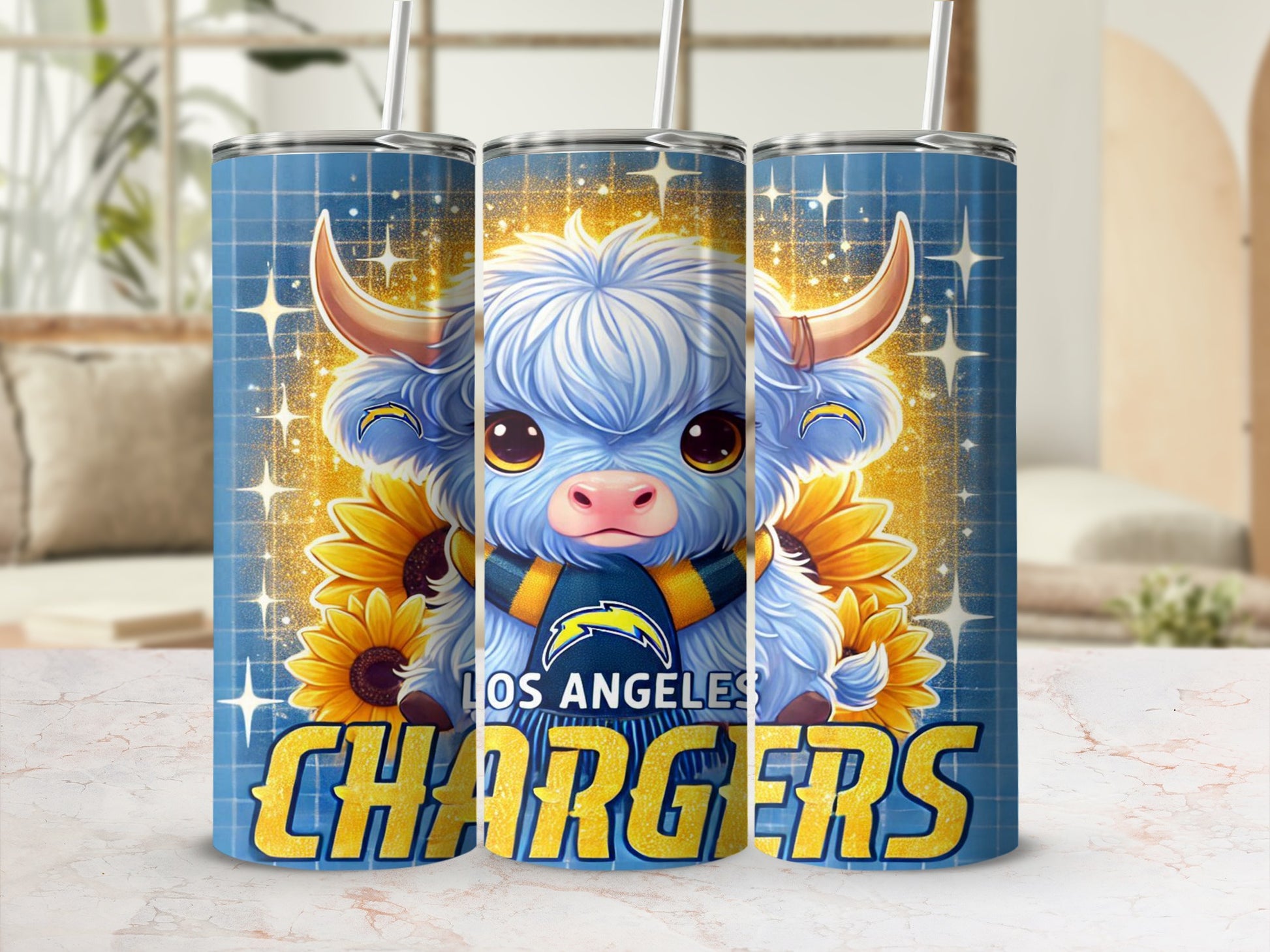 Blue Highland cow with Los Angeles Chargers logo and sunflowers.