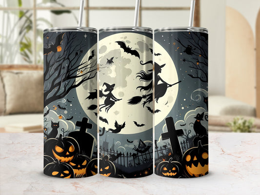 Halloween tumblers with witches, bats, jack-o'-lanterns, and a full moon.