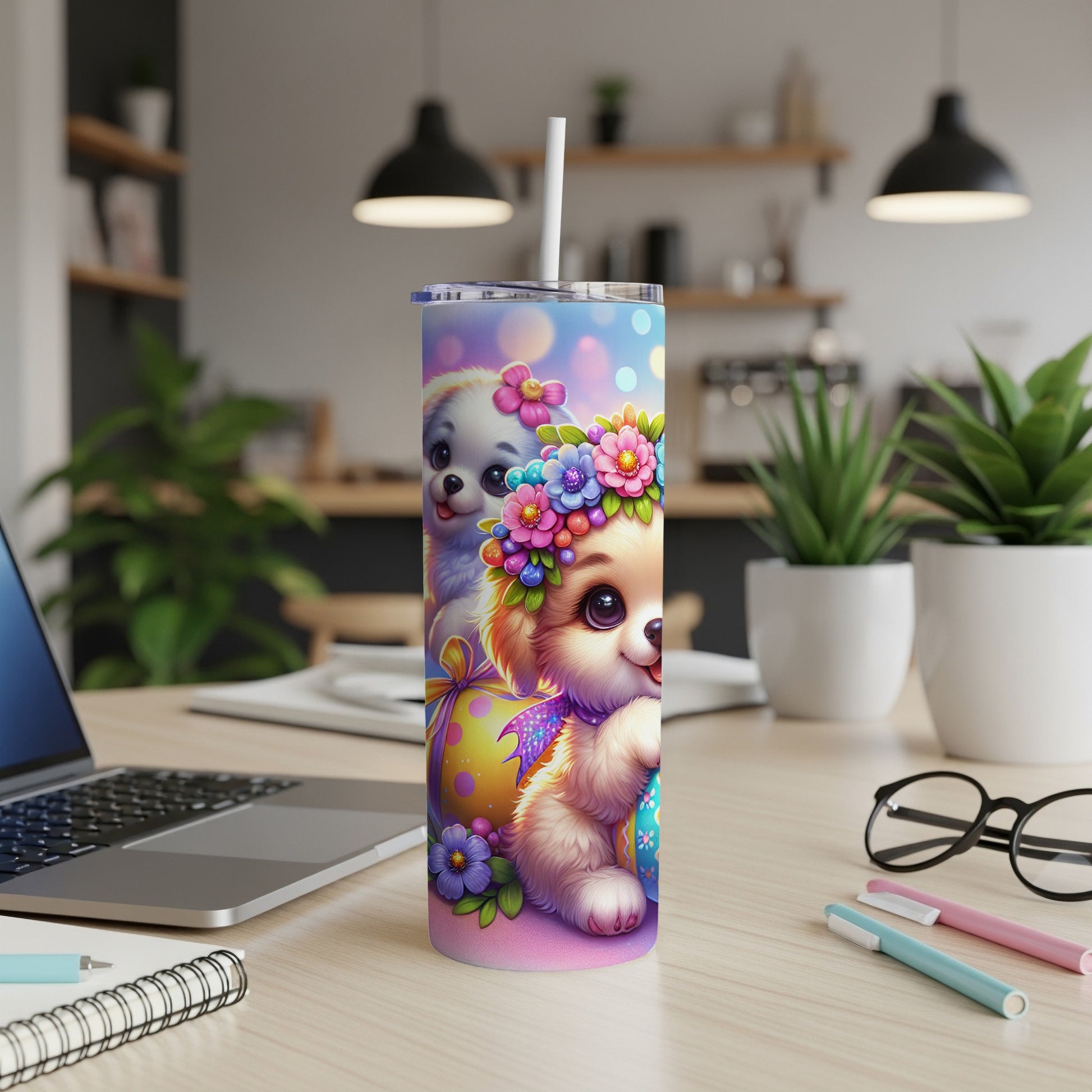 Fluffy puppies in flower crowns and Easter eggs on a tumbler.