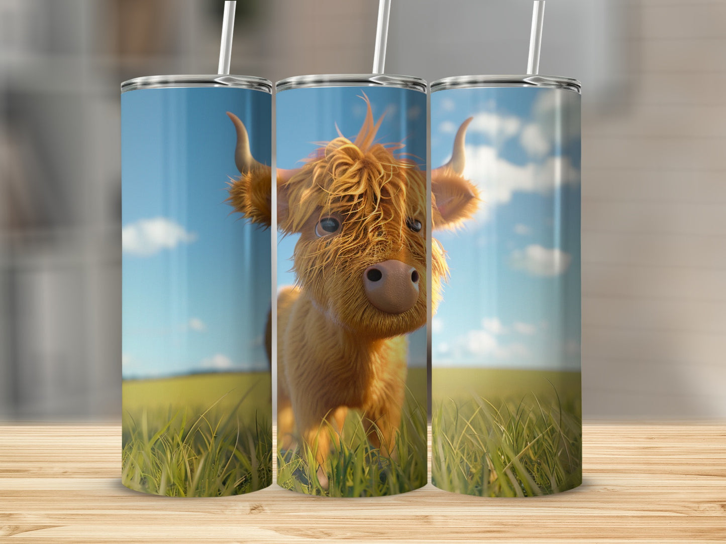 Close-up of a fluffy cartoon Highland cow on a grassy field.