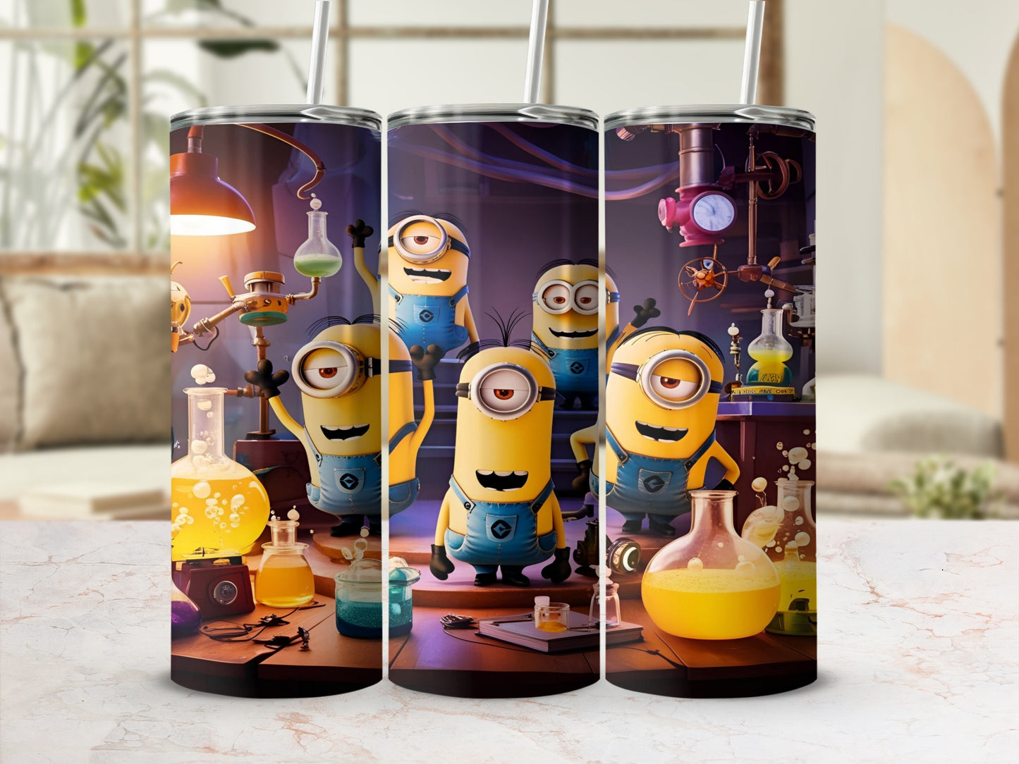 Minions in a laboratory with beakers and bubbling potions.