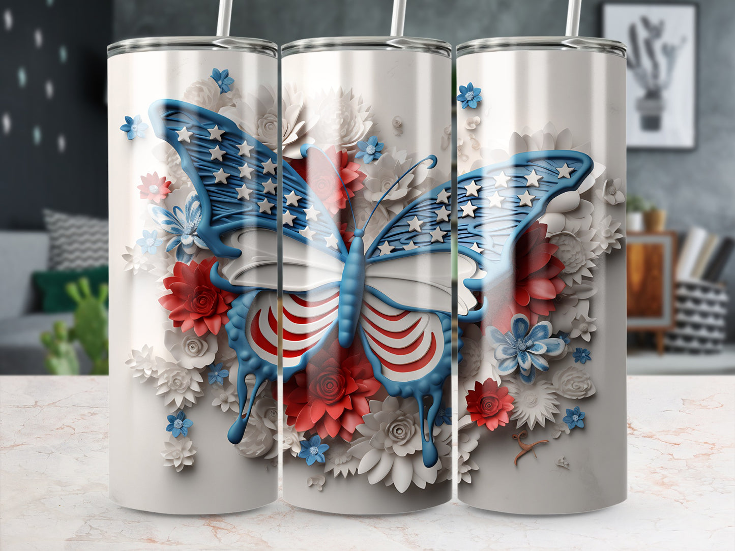 Butterfly adorned with US flag design, surrounded by white and red flowers.