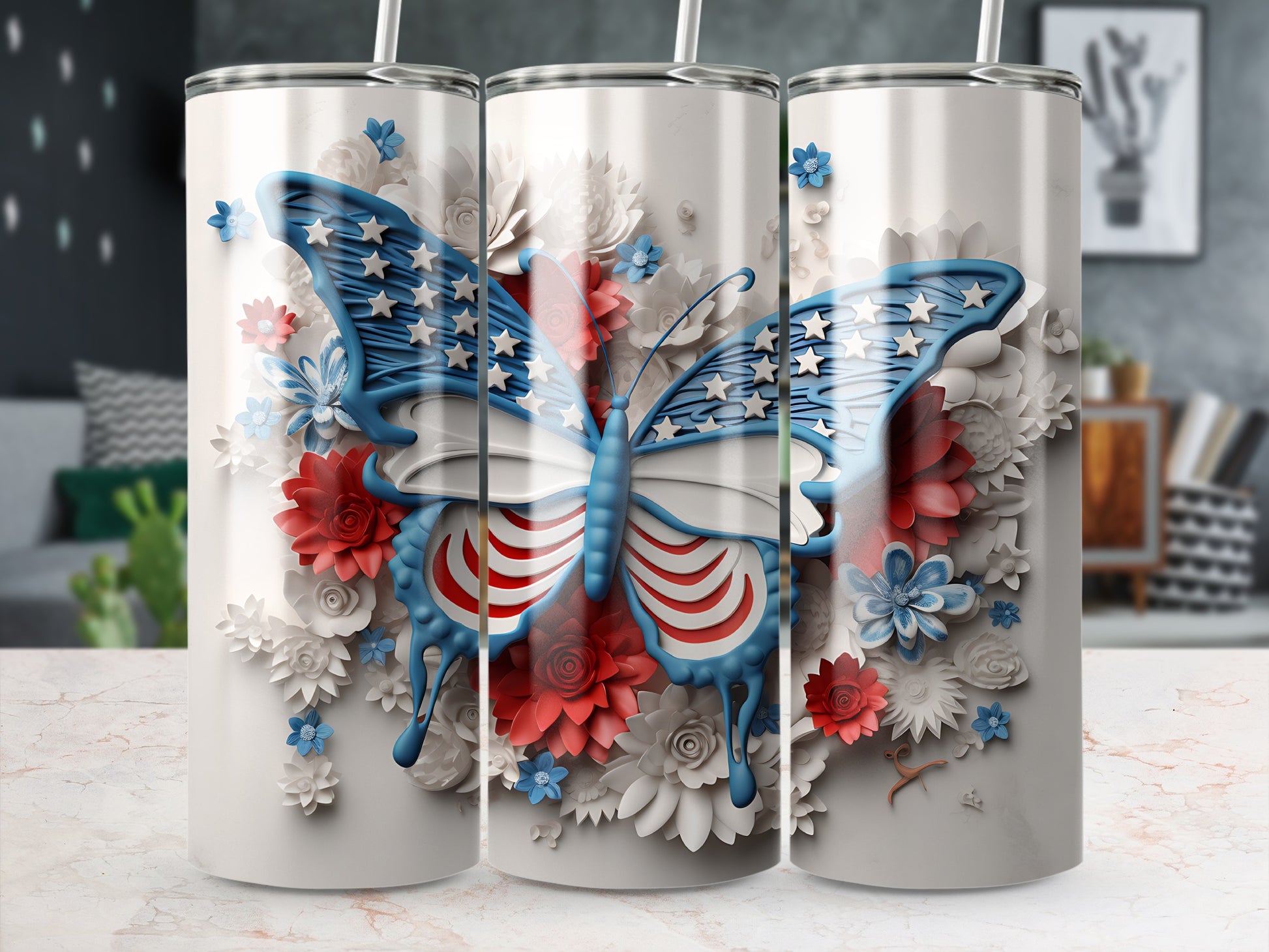 Butterfly adorned with US flag design, surrounded by white and red flowers.