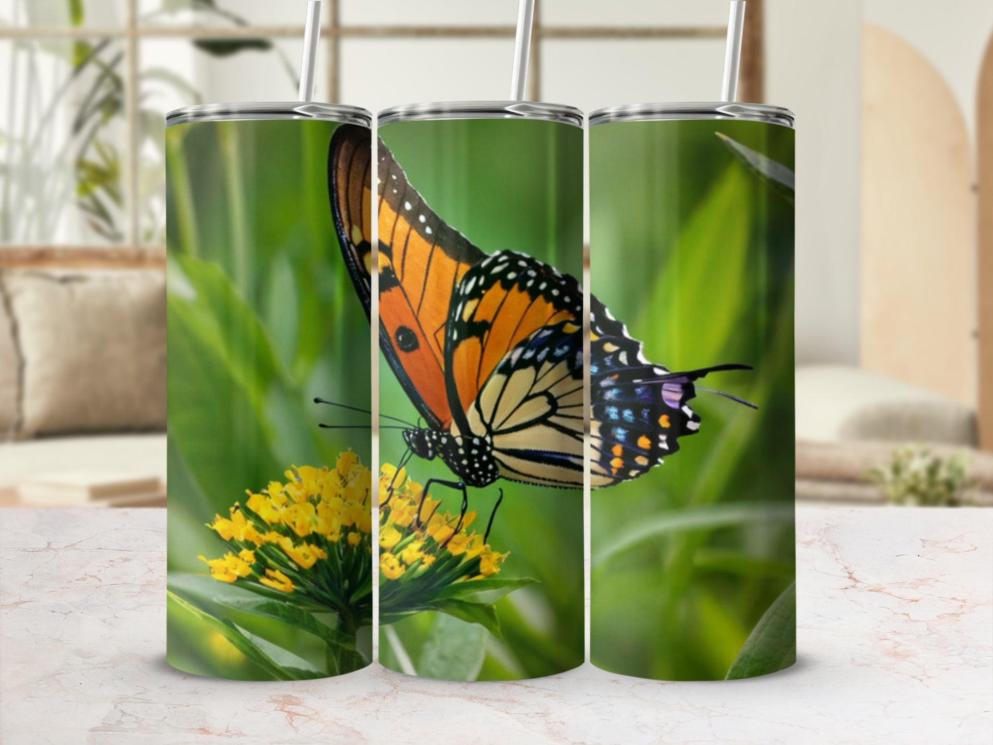Monarch butterfly on a yellow flower with green foliage.