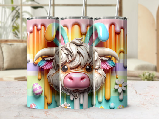 Three tumblers with Easter bunny cow designs, colorful drips, and eggs.