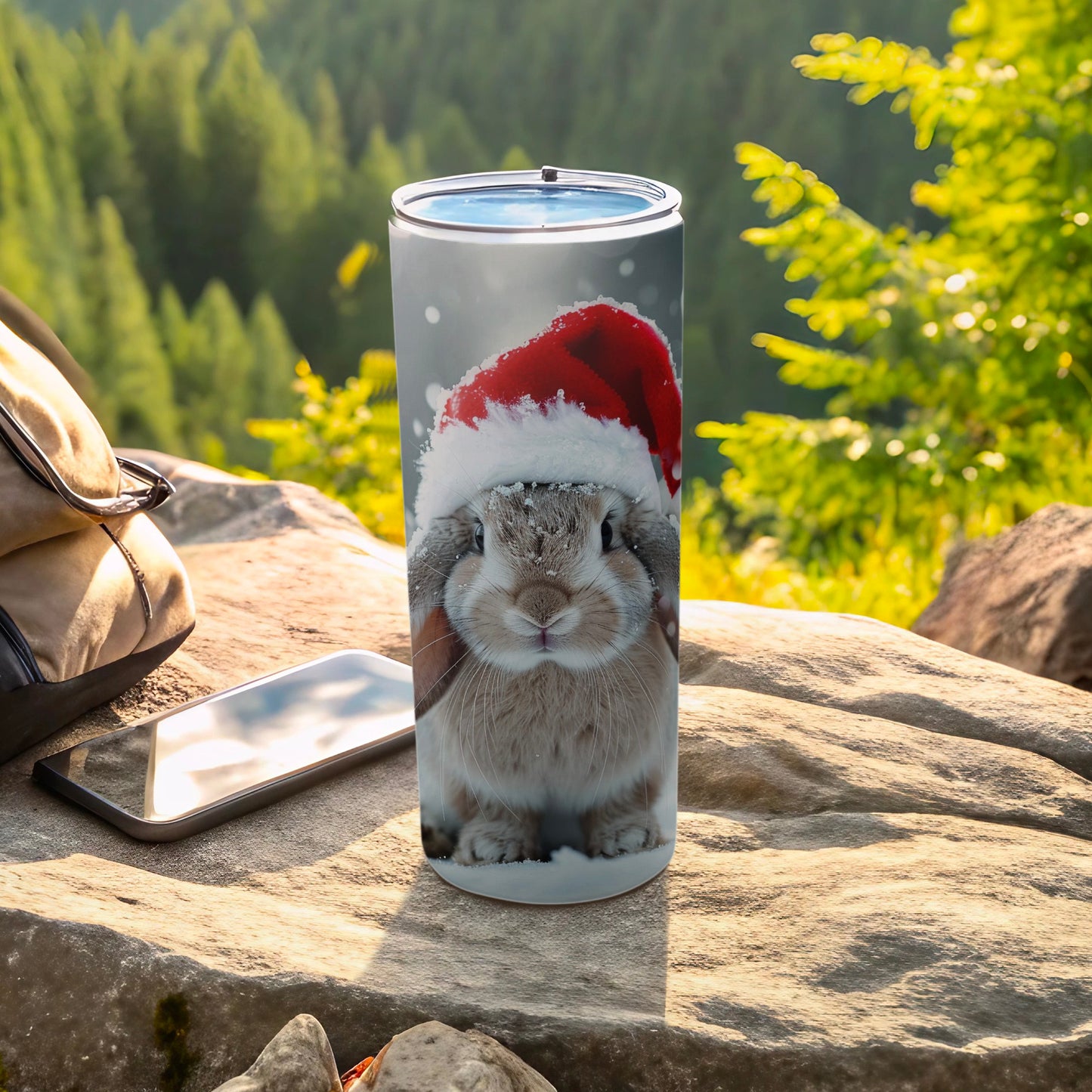 Adorable Rabbit with Santa Hat for Holiday Drinks Tumbler