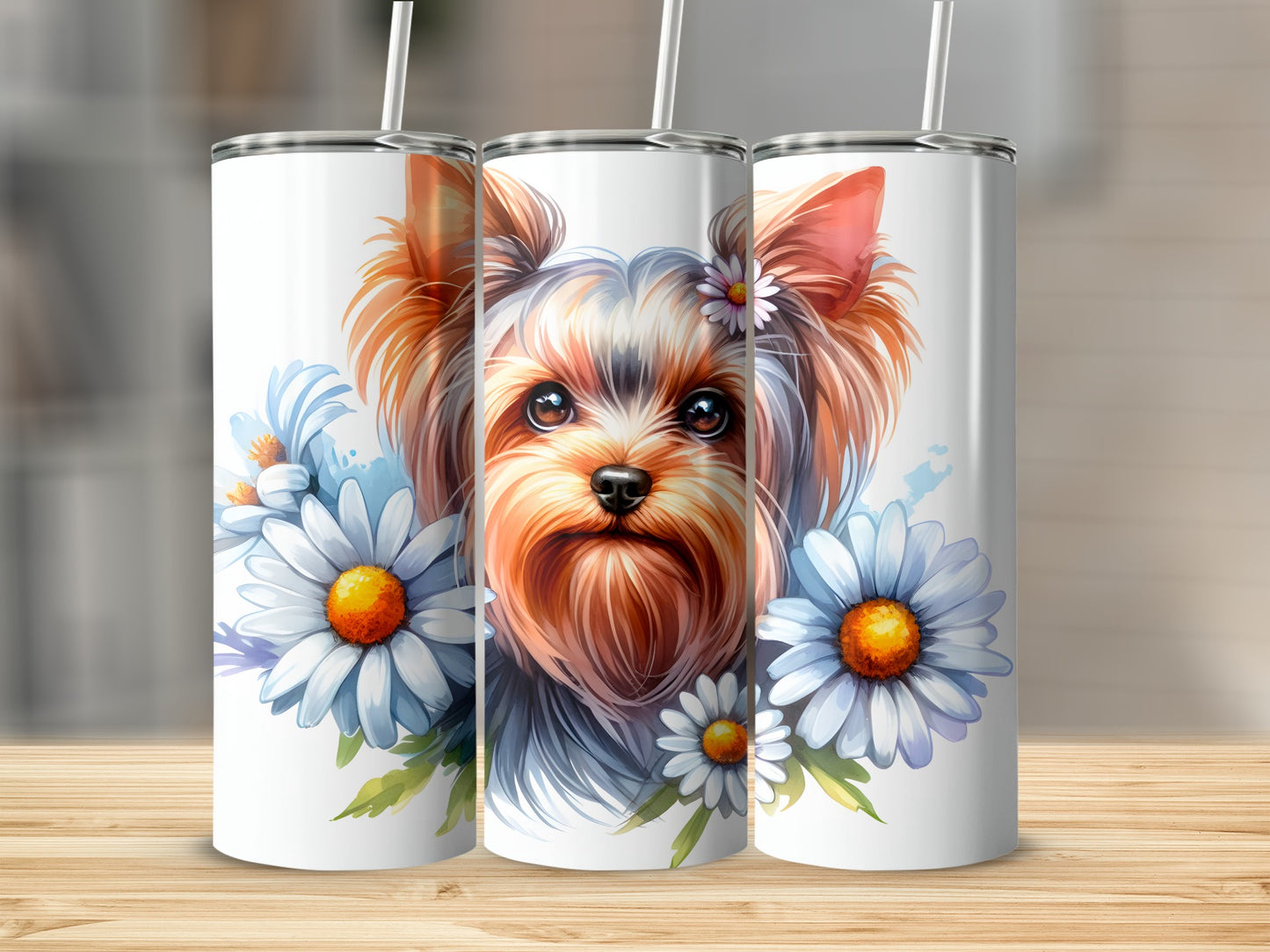 Three tumblers featuring a Yorkshire Terrier with daisies.