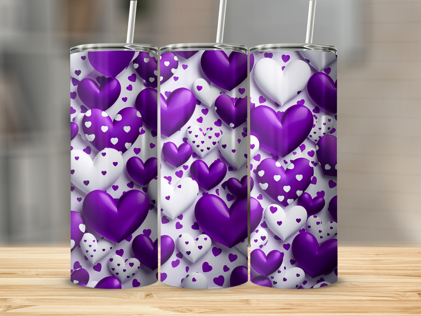 Purple and White Heart Patterned Tumbler with Straw