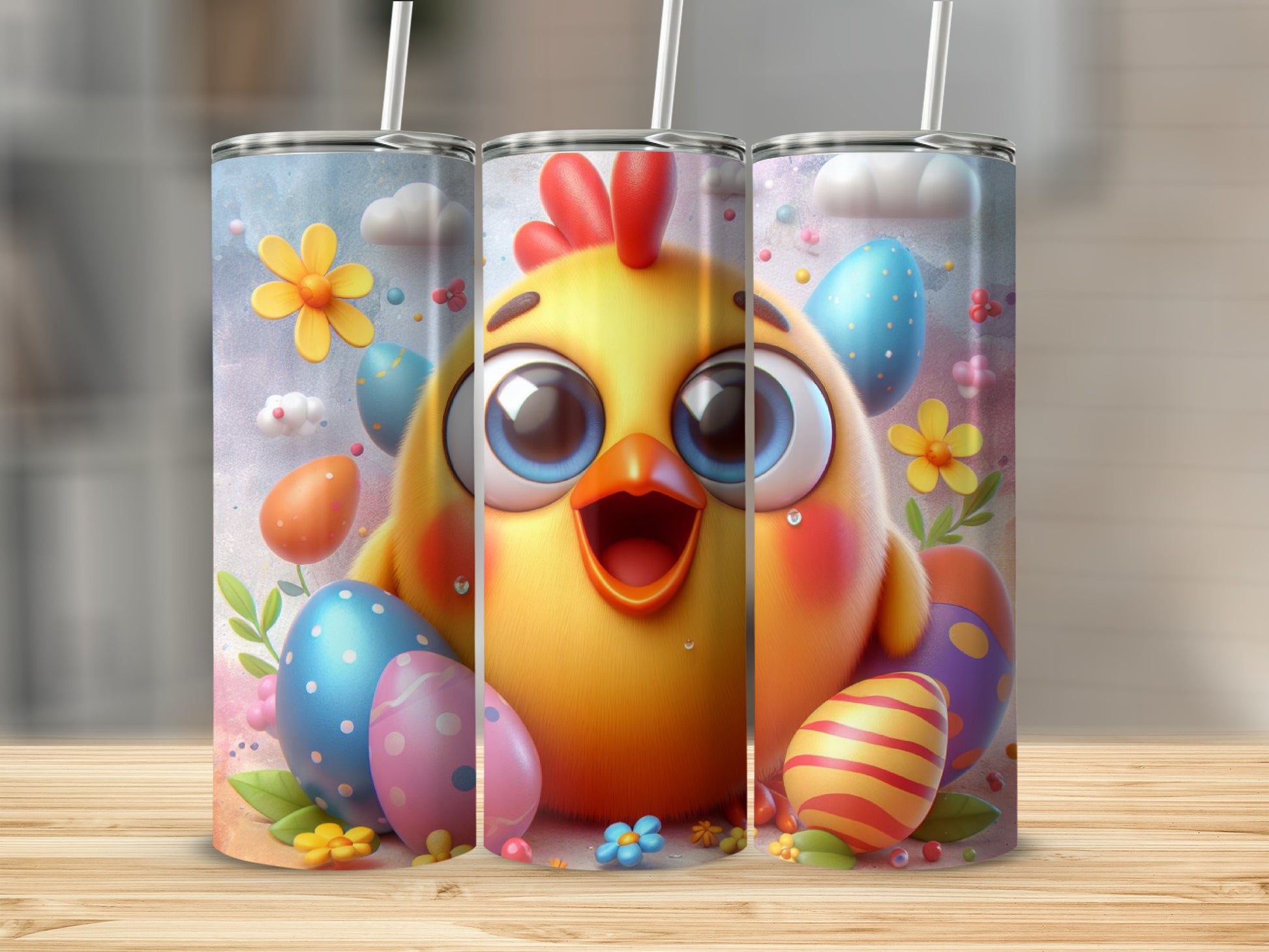 Cute cartoon chick with big eyes and Easter eggs on a tumbler wrap.