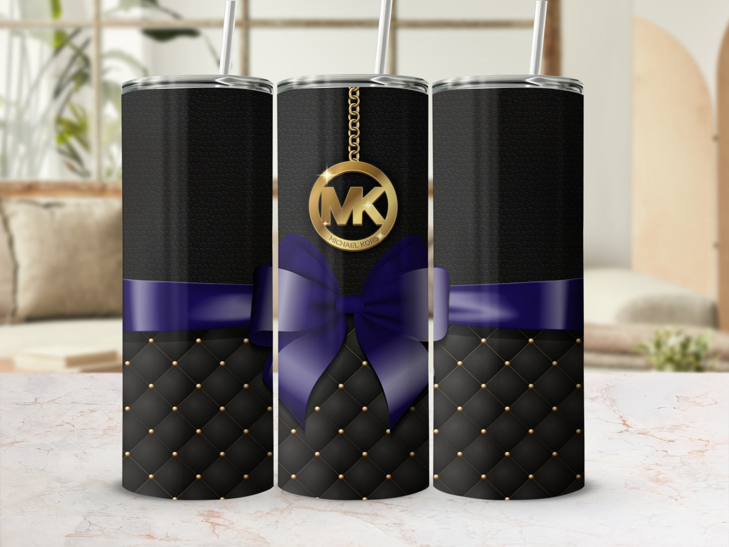 Stylish Black and Gold Tumbler with Purple Bow Design