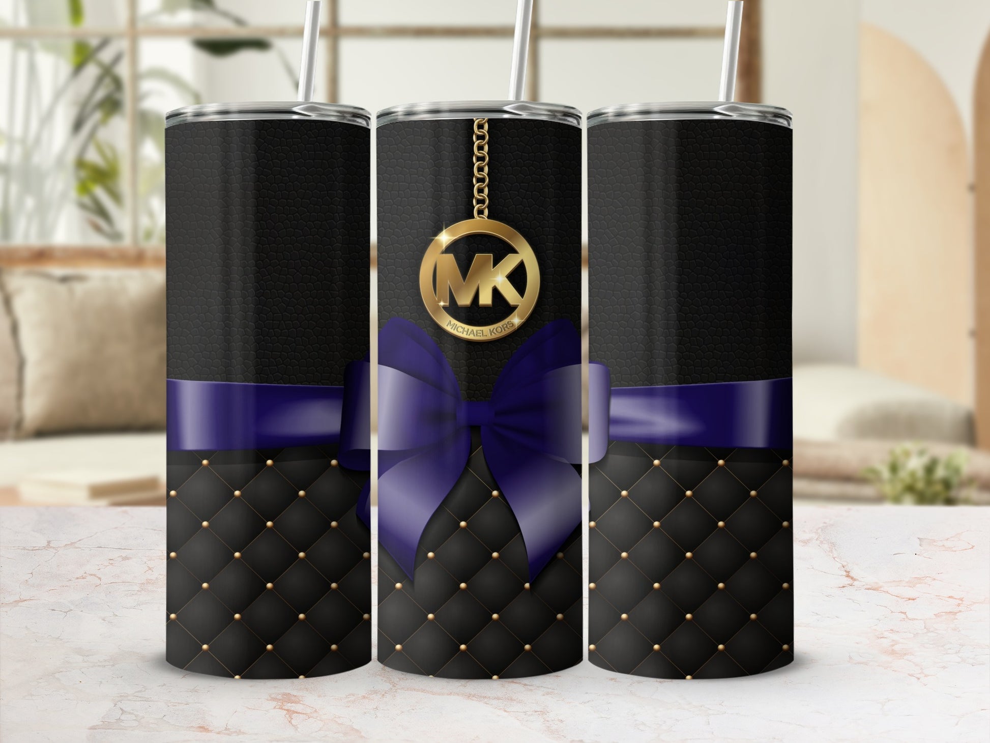 Stylish Black and Gold Tumbler with Purple Bow Design
