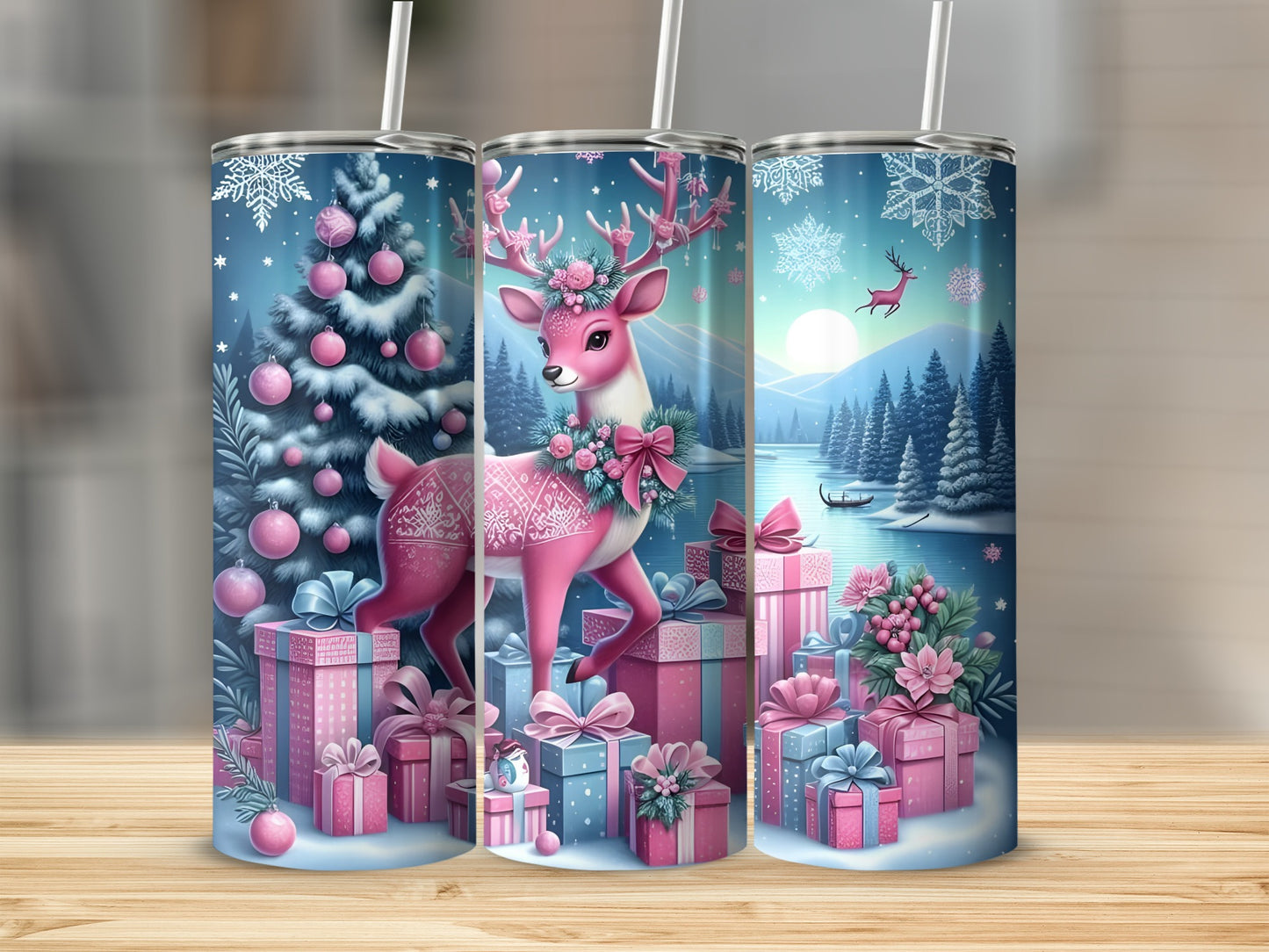 Festive Reindeer and Snowy Christmas Scene Tumbler