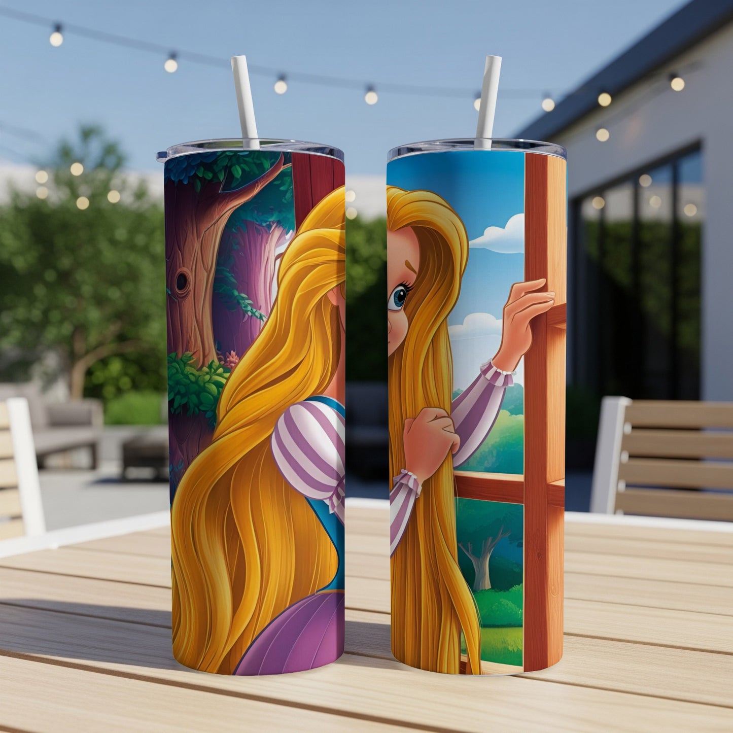 Rapunzel peeking through a window, with her long blonde hair flowing.