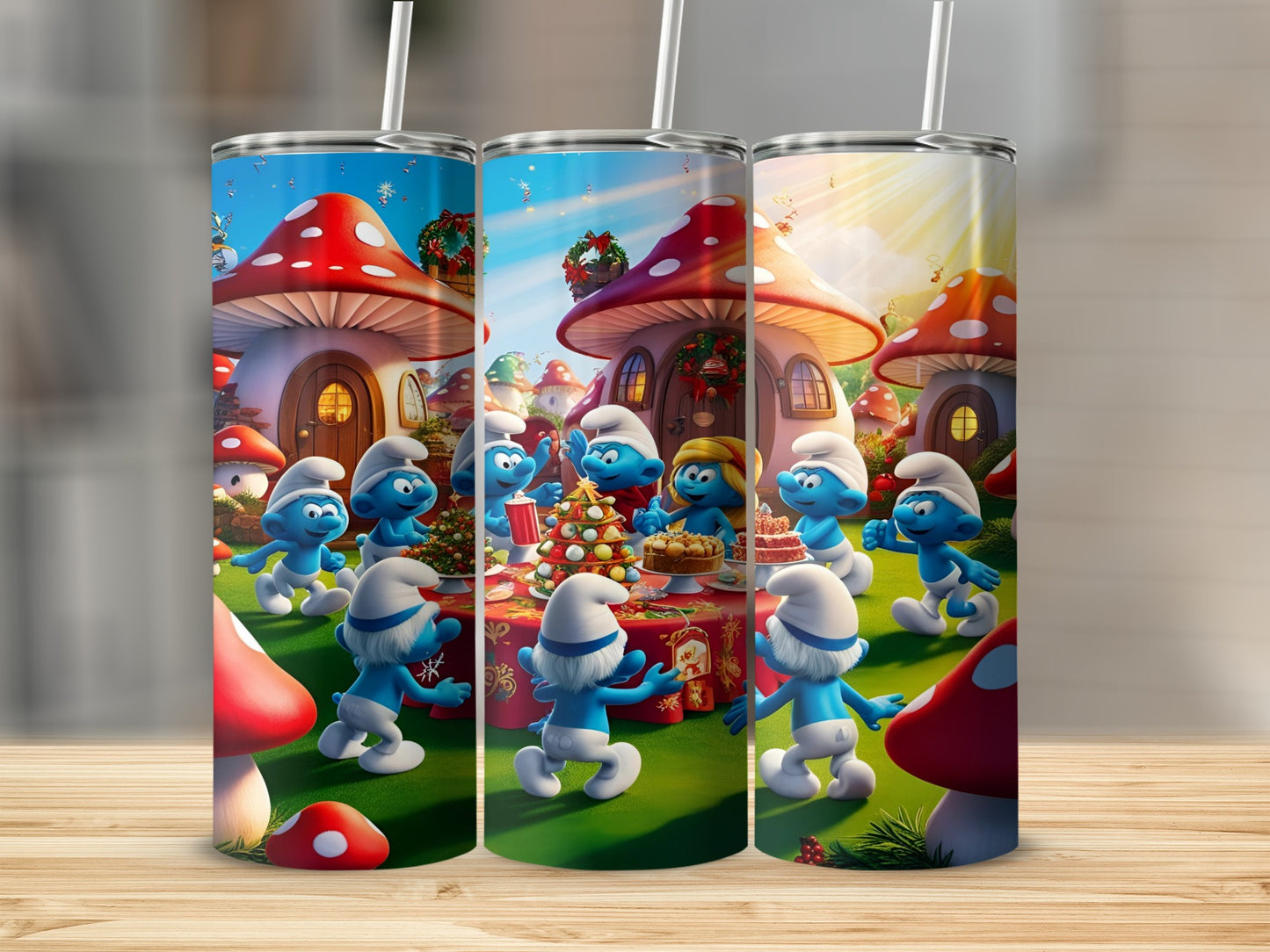 Smurfs celebrating around a Christmas tree with mushroom houses.
