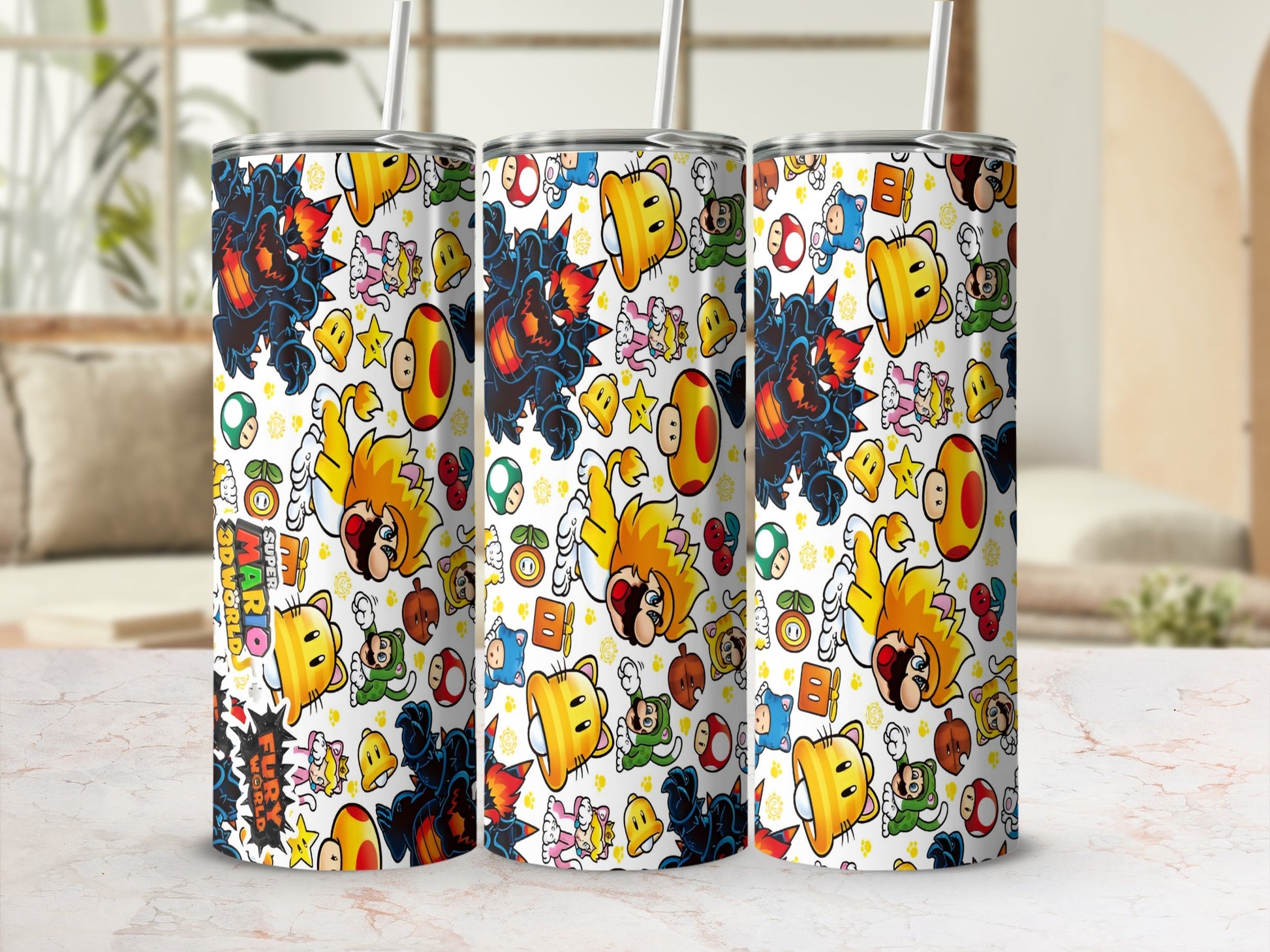 Super Mario pattern tumbler with characters including Mario, Goombas, and mushrooms.