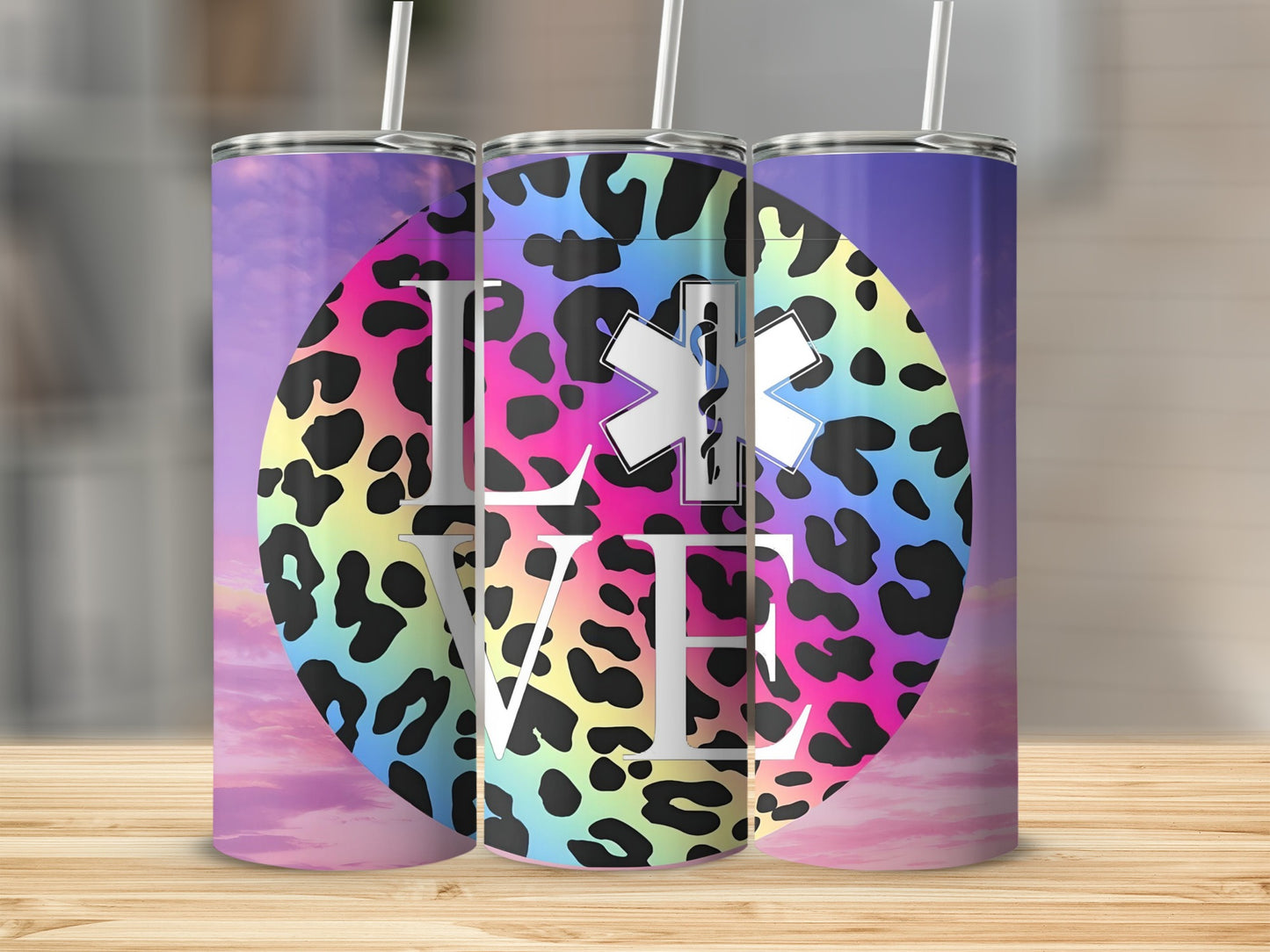 Multicolor Leopard Print LOVE Medical Insignia Tumbler