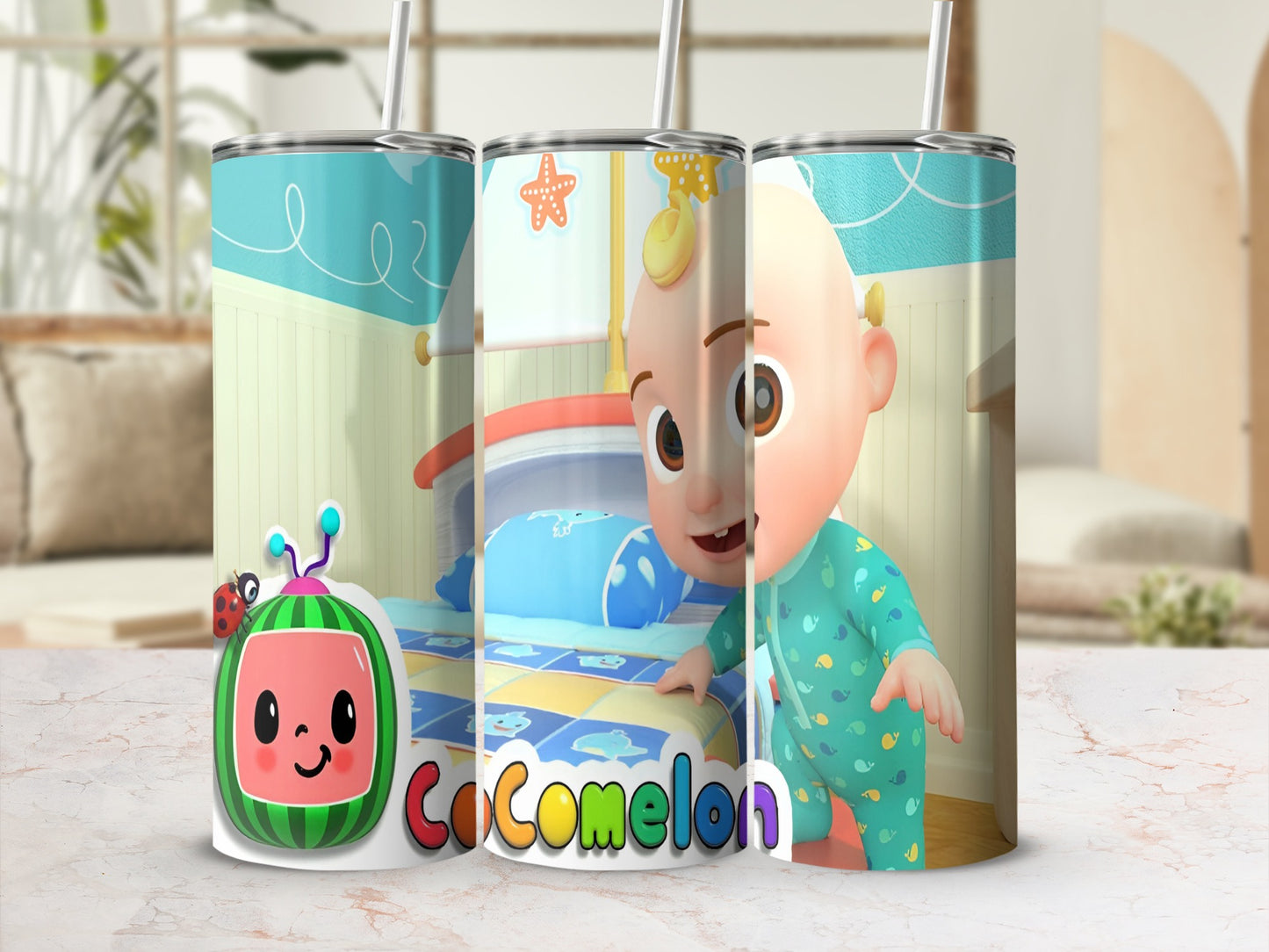 Cocomelon tumbler with JJ and watermelon character, featuring a bedroom background.