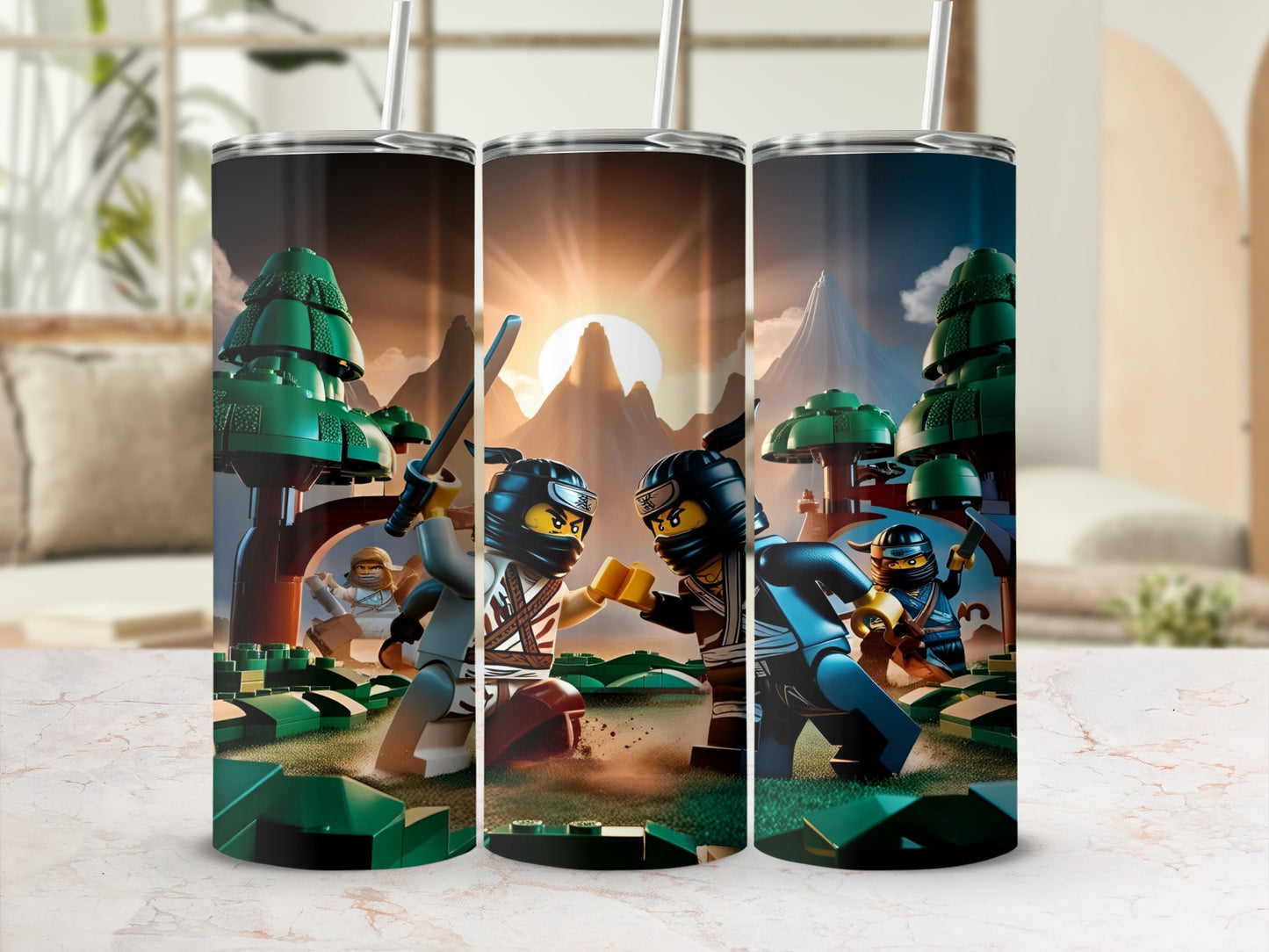 Ninja figures fighting on a textured background with mountains and sun.