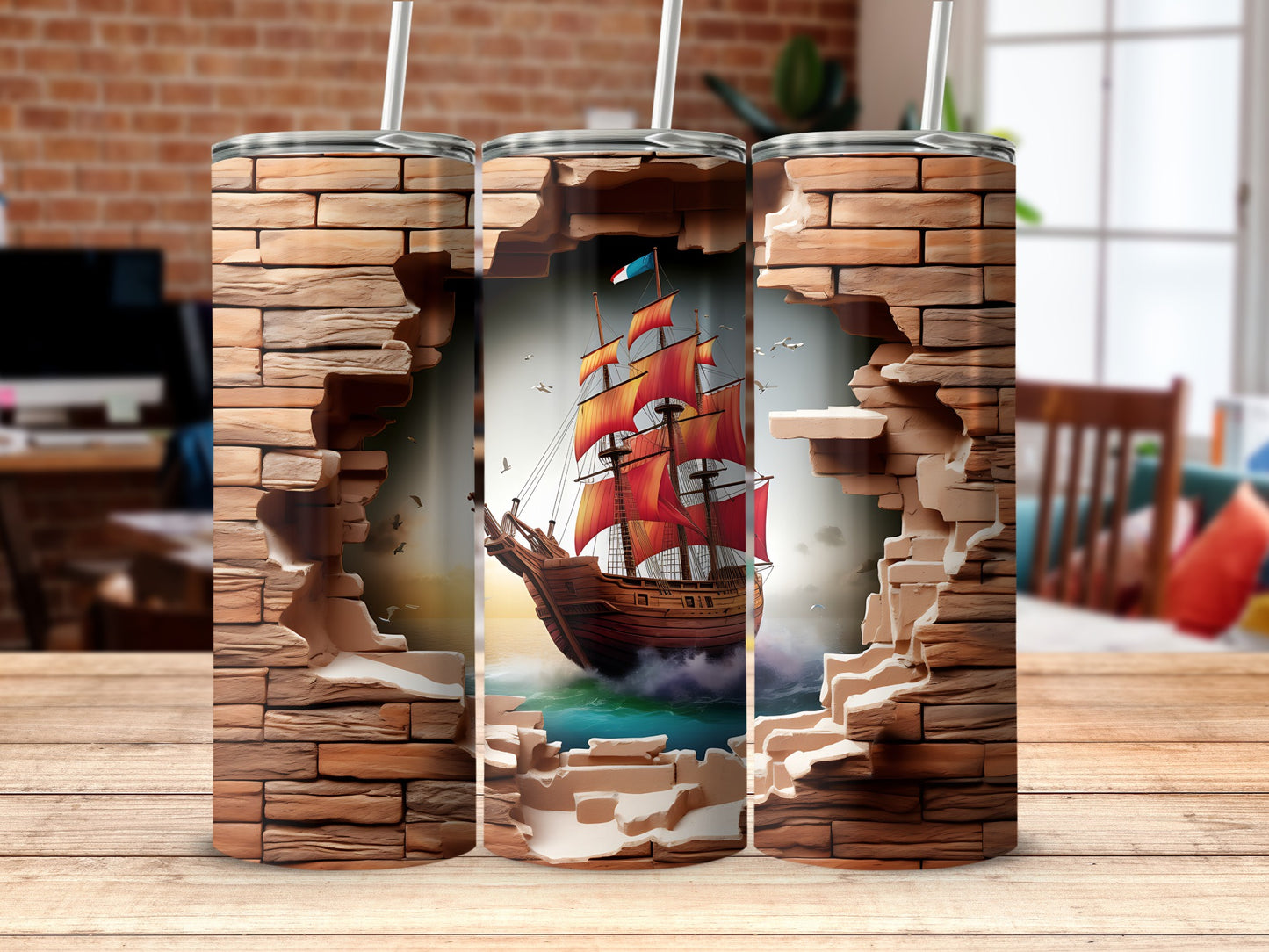 Red Sail Ship Tumbler with Brick Wall Art Design