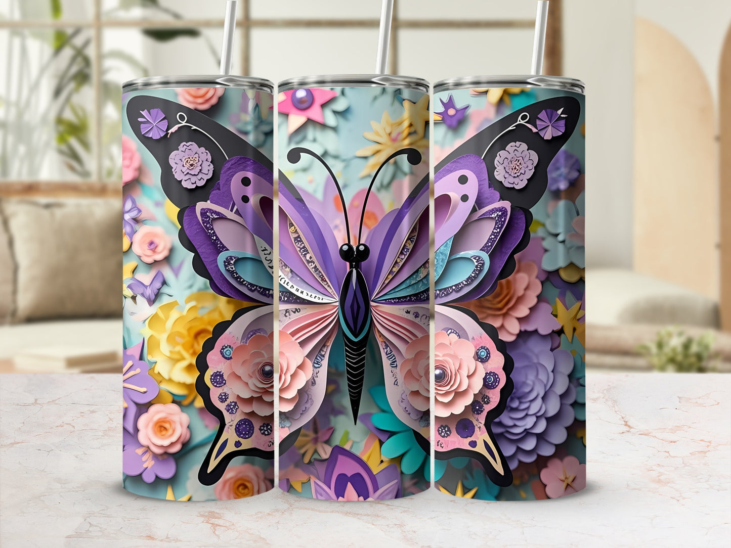 Three tumblers featuring a stylized butterfly and floral paper art design.