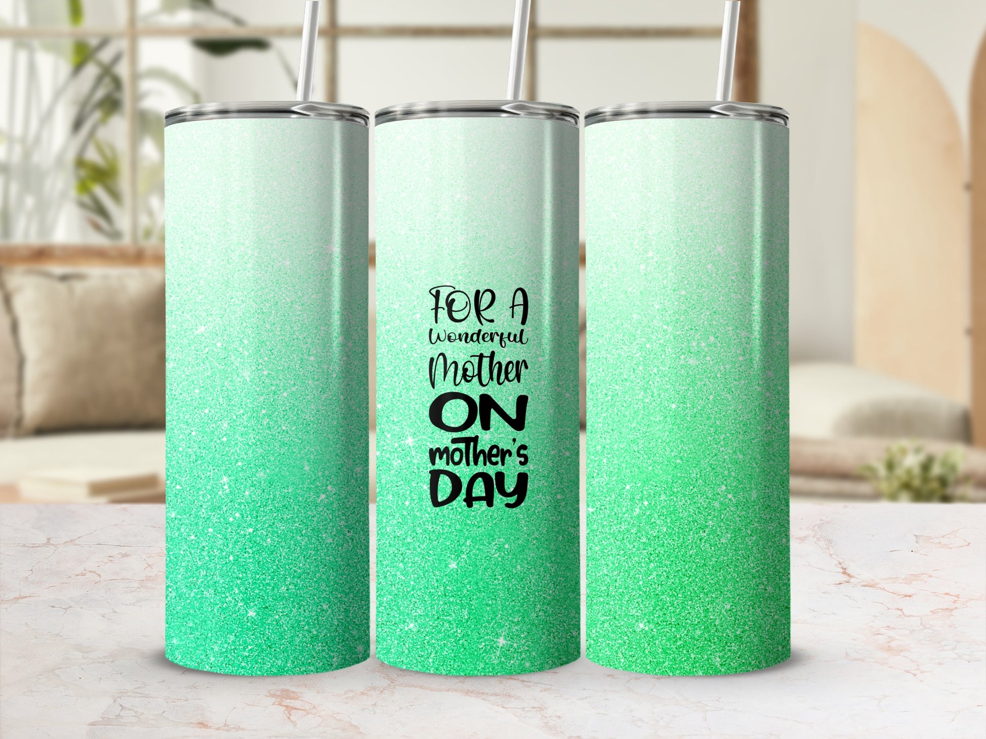 Green glitter tumbler with "For a wonderful Mother's Day" text.