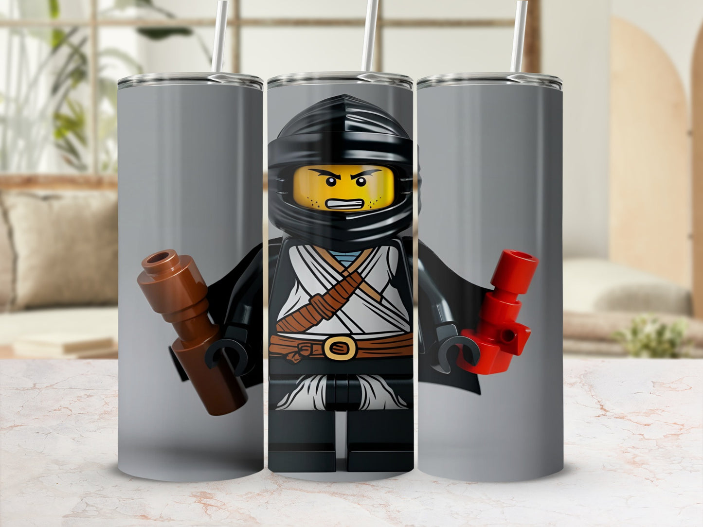 Ninja Lego minifigure with brown and red weapons on a tumbler.