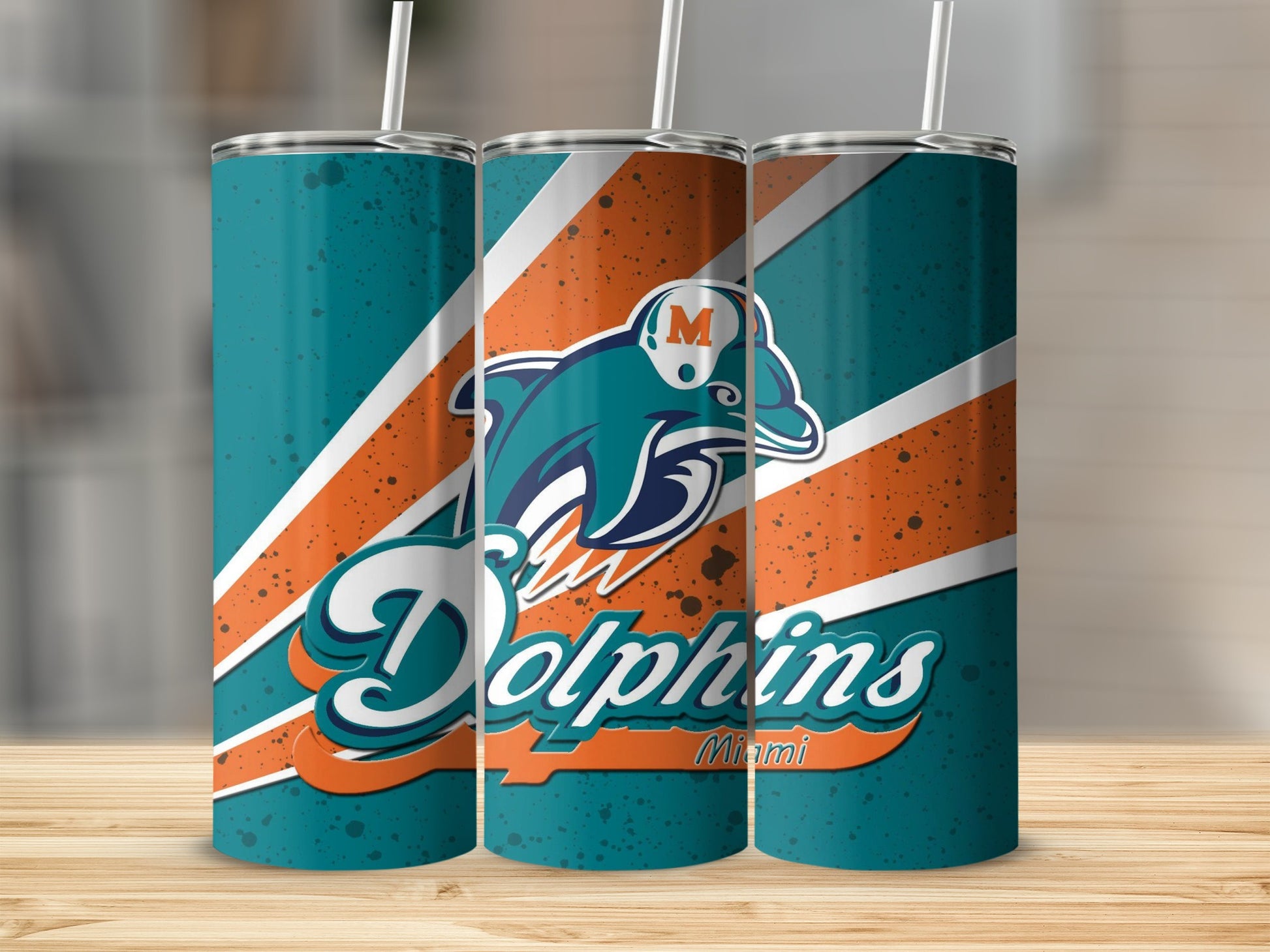 Three Miami Dolphins tumblers with orange, teal, and white diagonal stripe design.