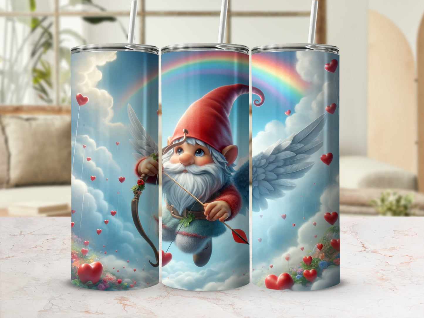Cute Gnome with Bow and Arrow Rainbow Heart Tumbler