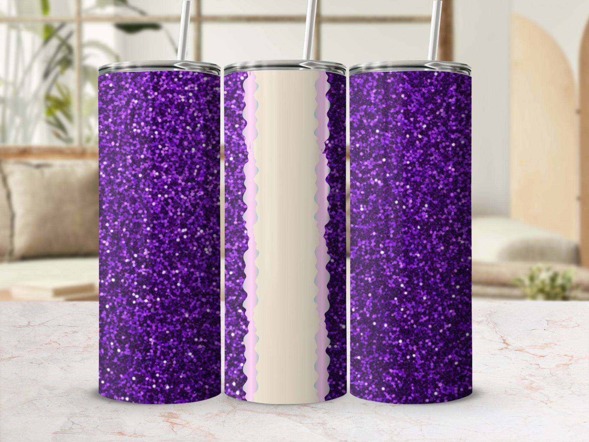 Three purple glitter tumblers with straw on a marble countertop.