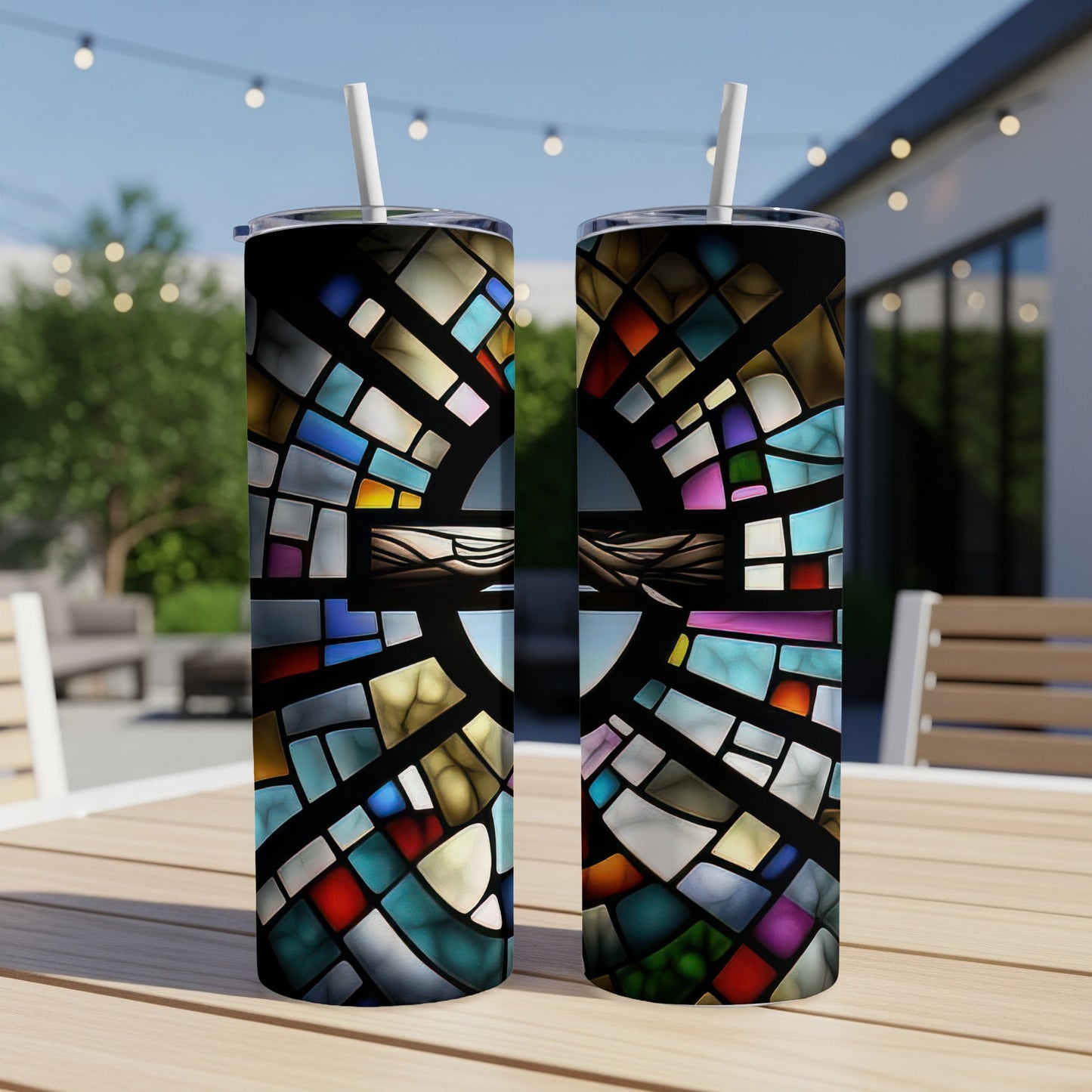 Two stained glass tumblers with straws on a wooden table.