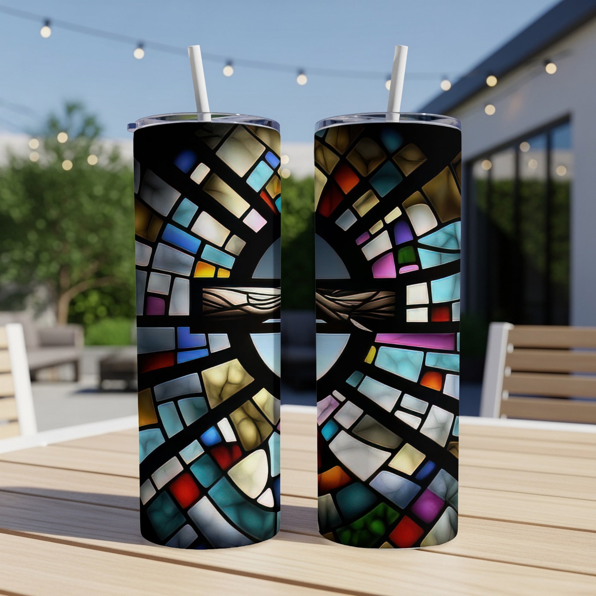 Two stained glass tumblers with straws on a wooden table.