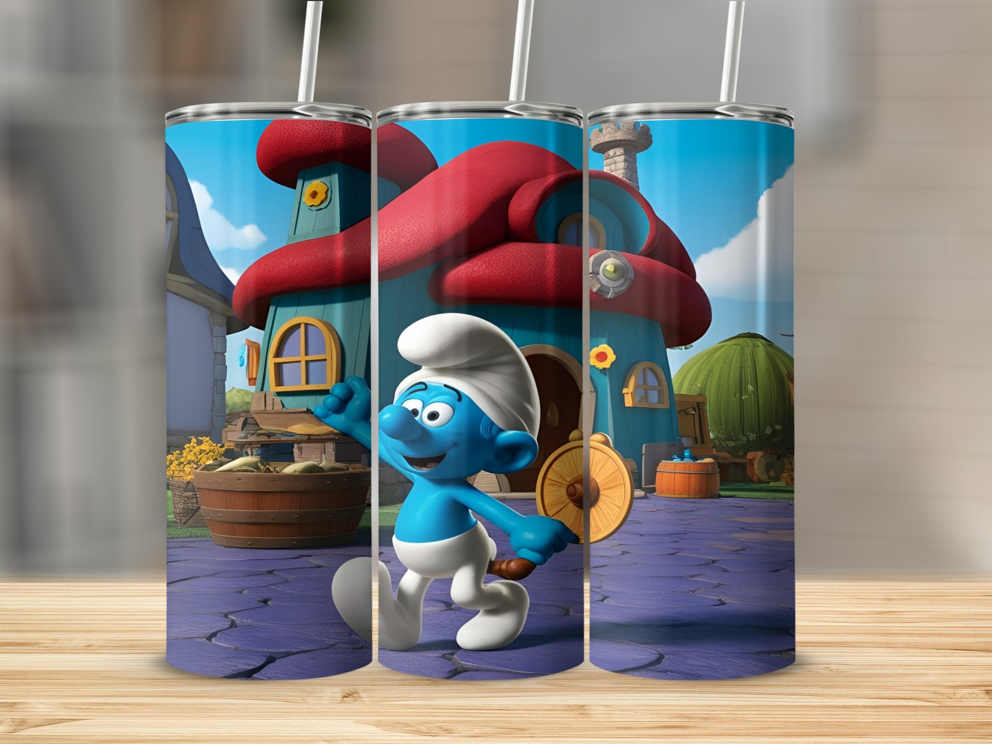 Smurf in a village, holding a shield, with a blue house and trees.