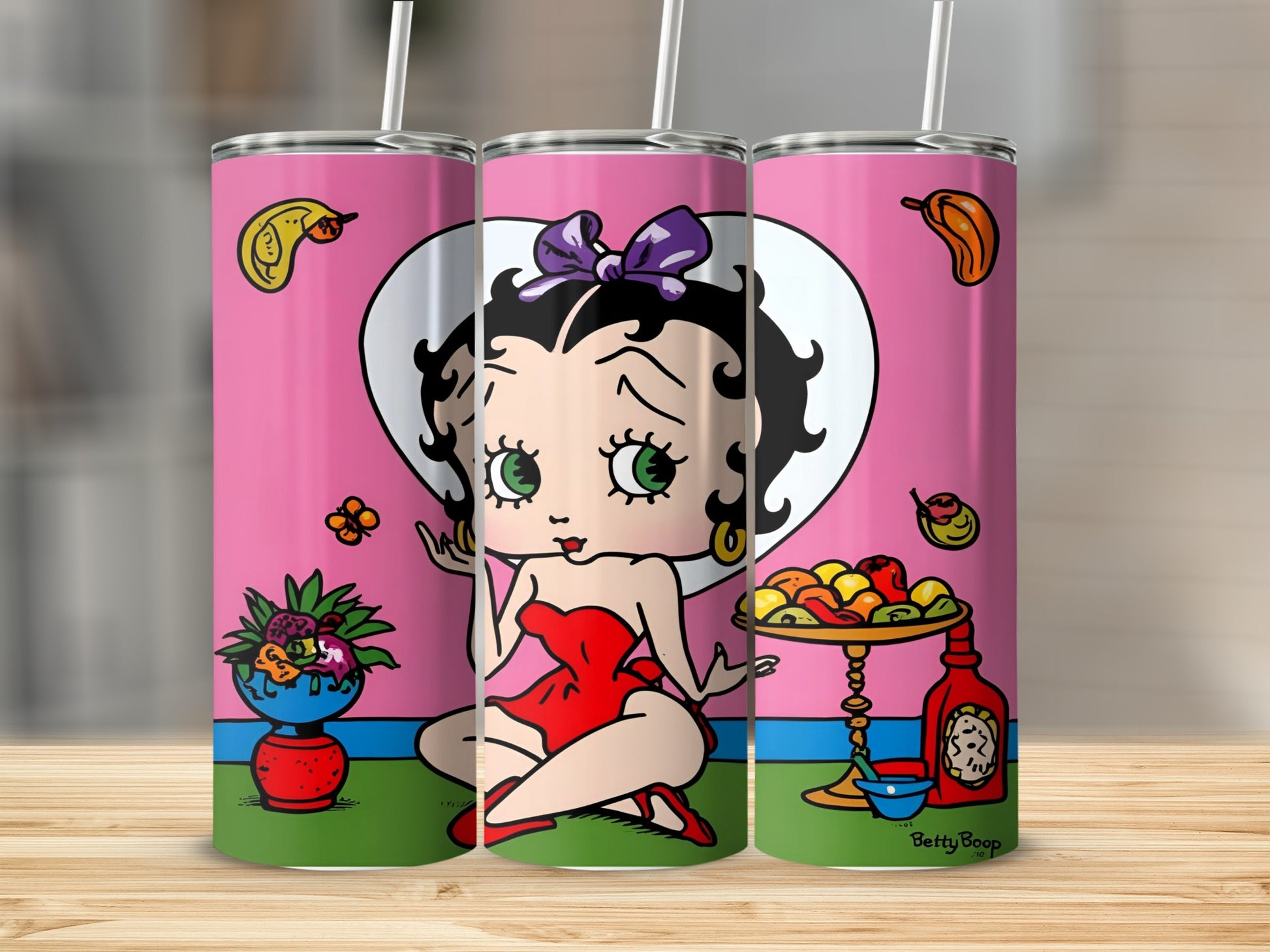 Betty Boop in red dress with fruit bowl, cartoon style.